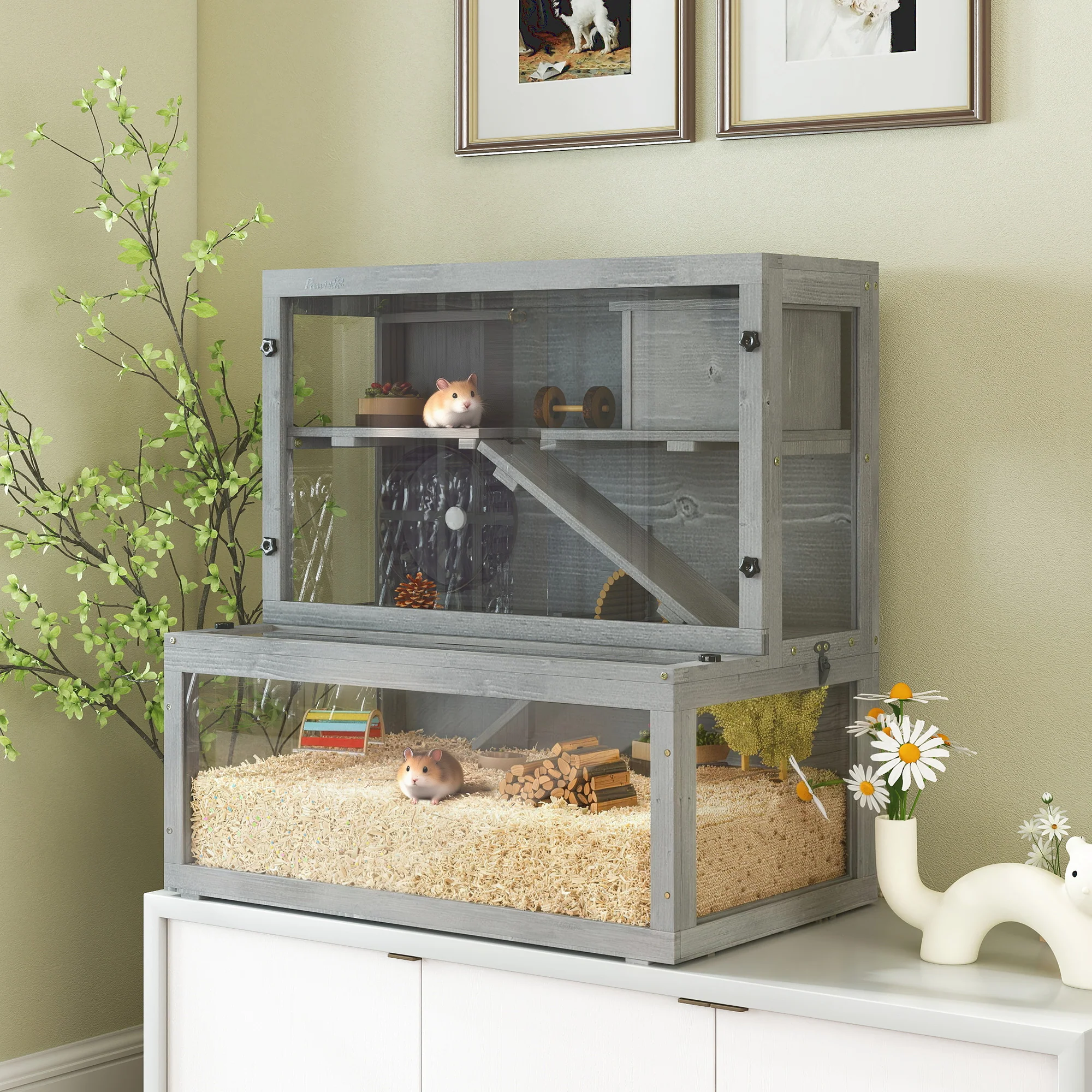 PawHut 3 Tier Wooden Hamster Cage With Hut, Wheel, Ramps, 80 X 50 X 84 Cm - Image 2