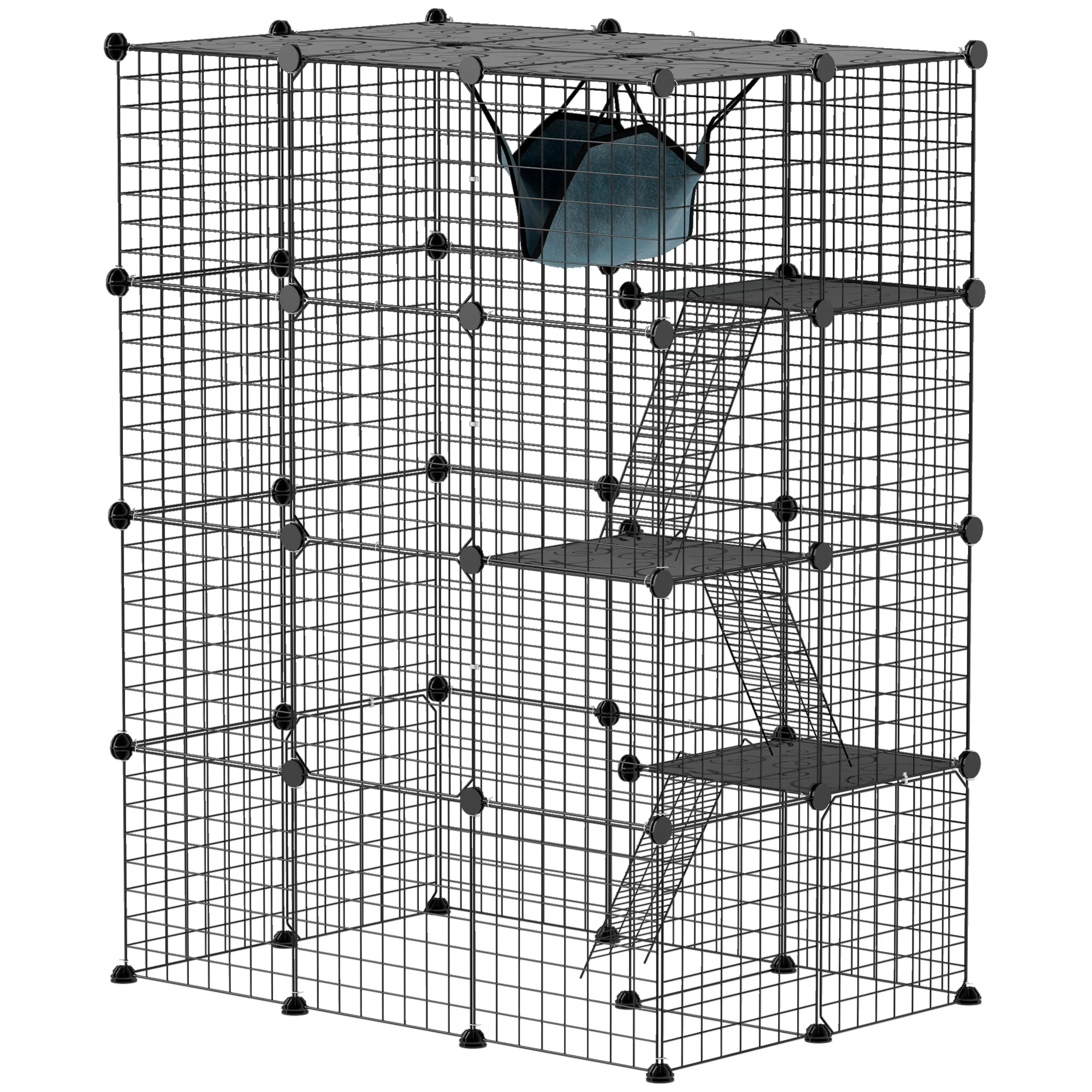 PawHut 4-Tier Cat Cage Indoor, DIY Cat Playpen With Hammock, Ramps, 5 Doors