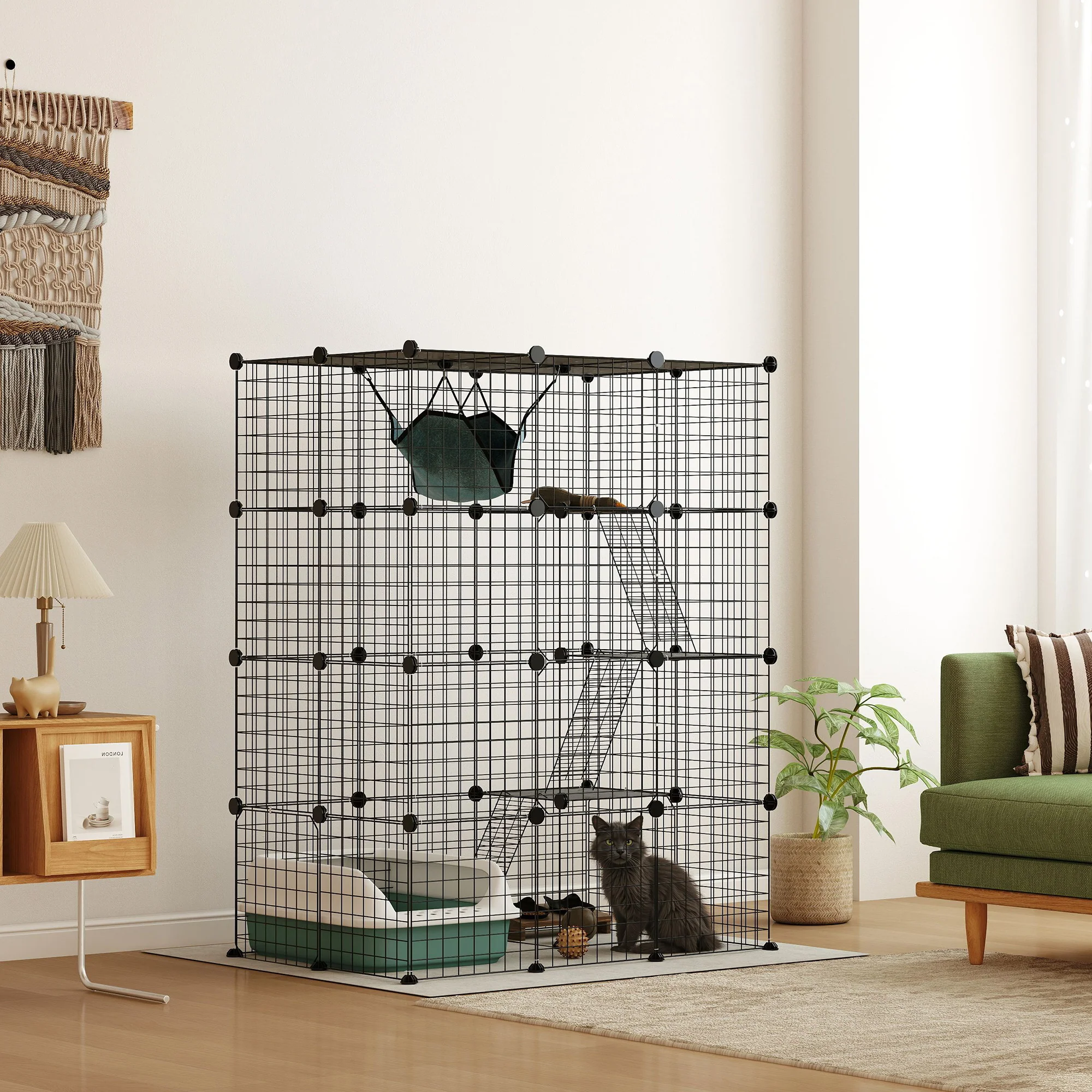 PawHut 4-Tier Cat Cage Indoor, DIY Cat Playpen With Hammock, Ramps, 5 Doors - Image 2
