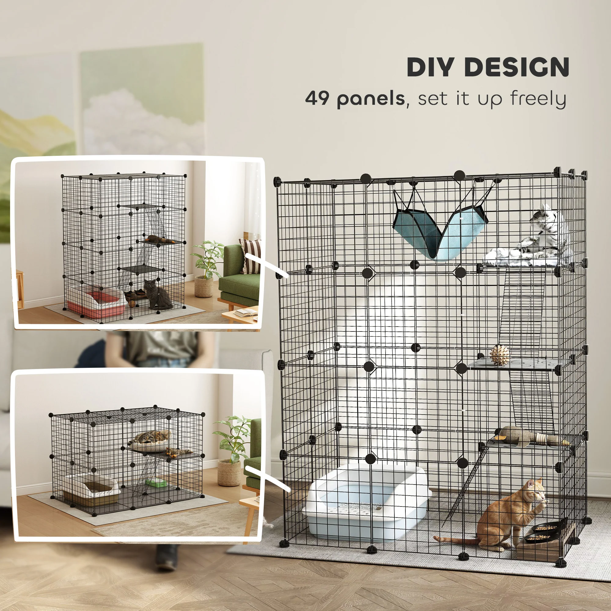PawHut 4-Tier Cat Cage Indoor, DIY Cat Playpen With Hammock, Ramps, 5 Doors - Image 4