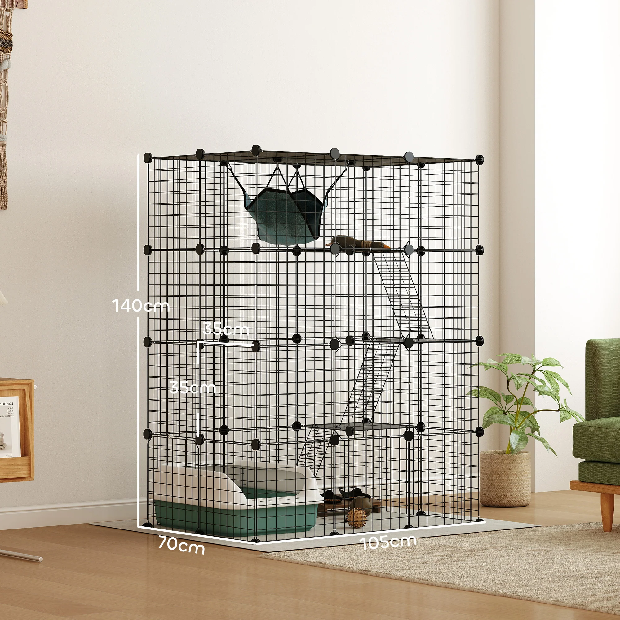 PawHut 4-Tier Cat Cage Indoor, DIY Cat Playpen With Hammock, Ramps, 5 Doors - Image 5
