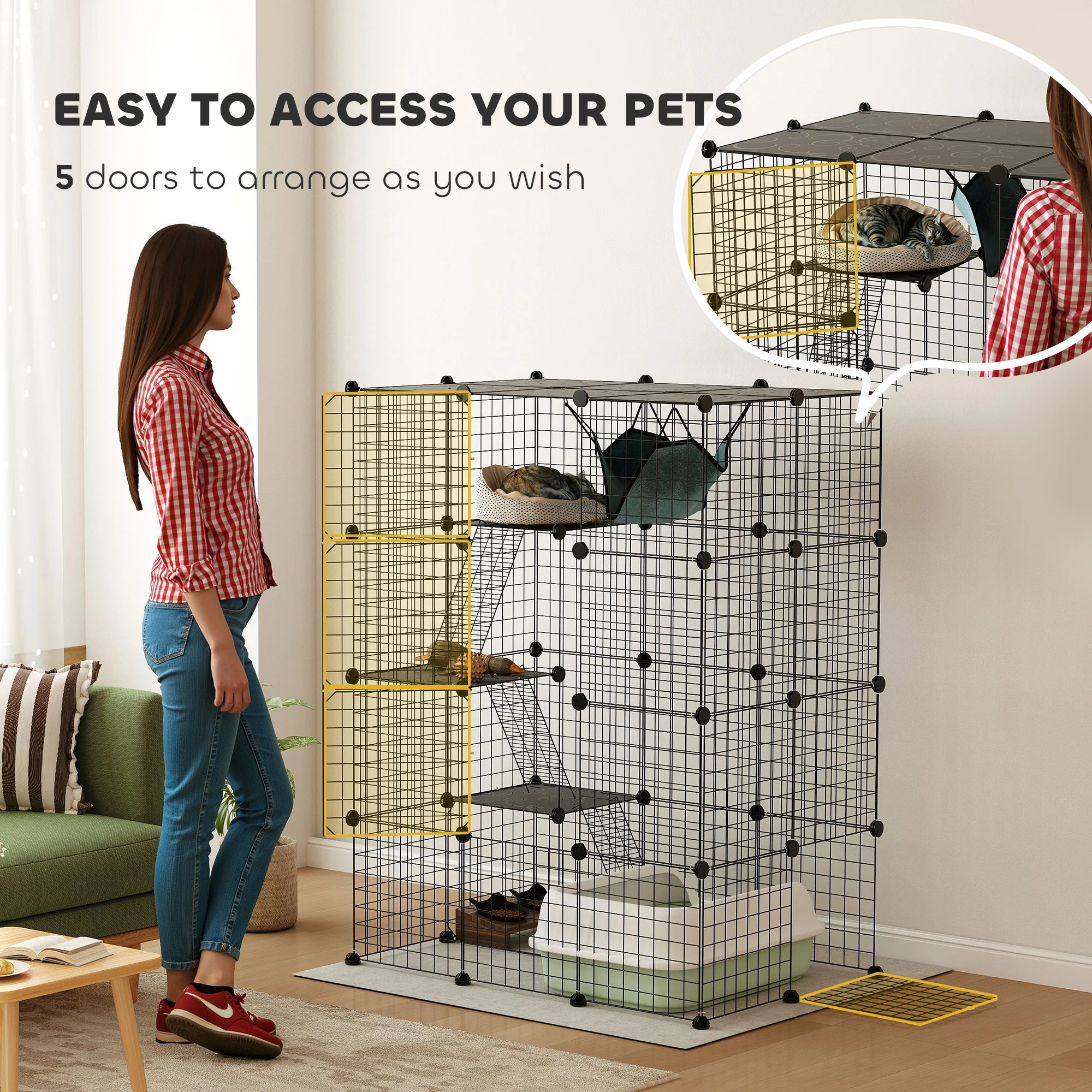 PawHut 4-Tier Cat Cage Indoor, DIY Cat Playpen With Hammock, Ramps, 5 Doors - Image 6