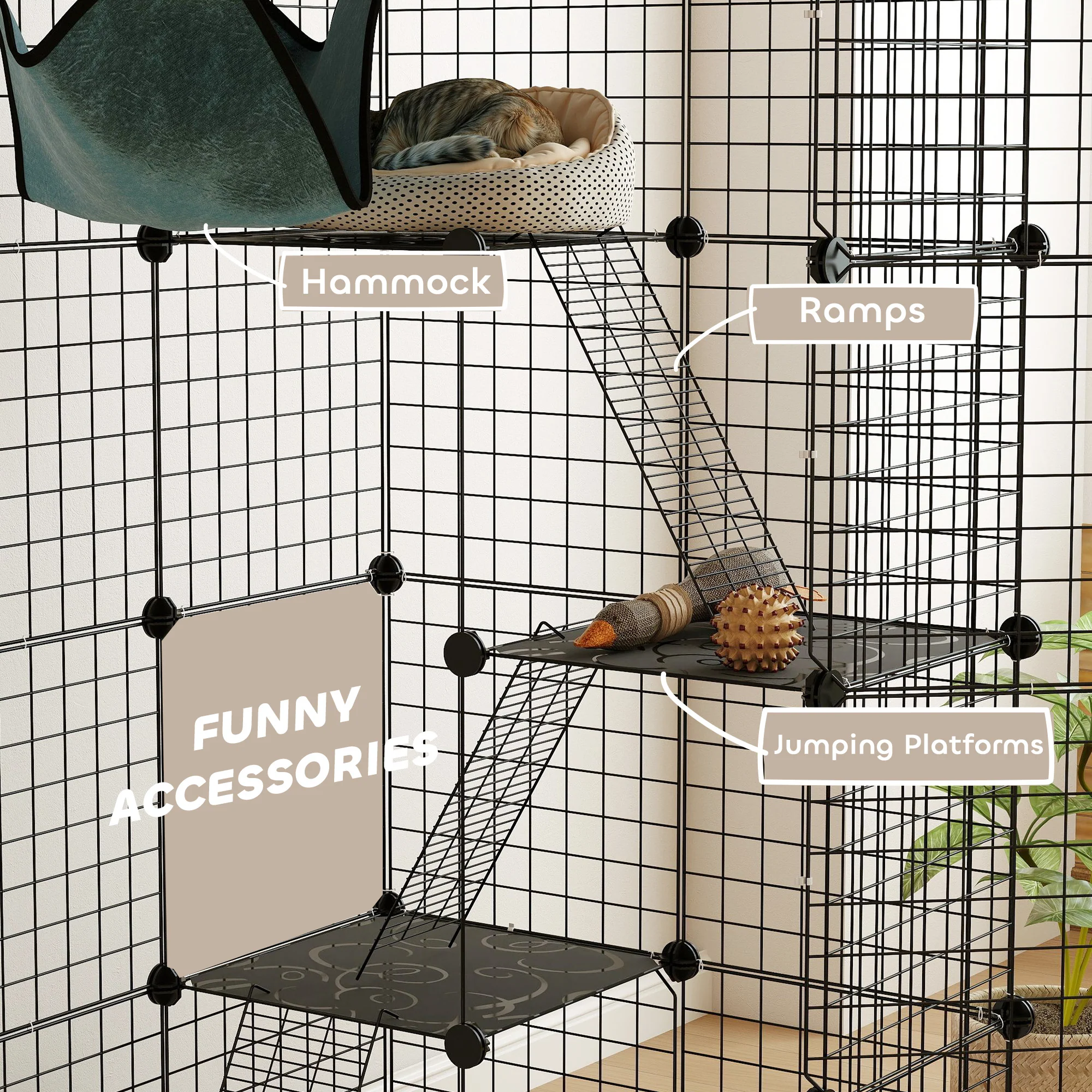 PawHut 4-Tier Cat Cage Indoor, DIY Cat Playpen With Hammock, Ramps, 5 Doors - Image 7