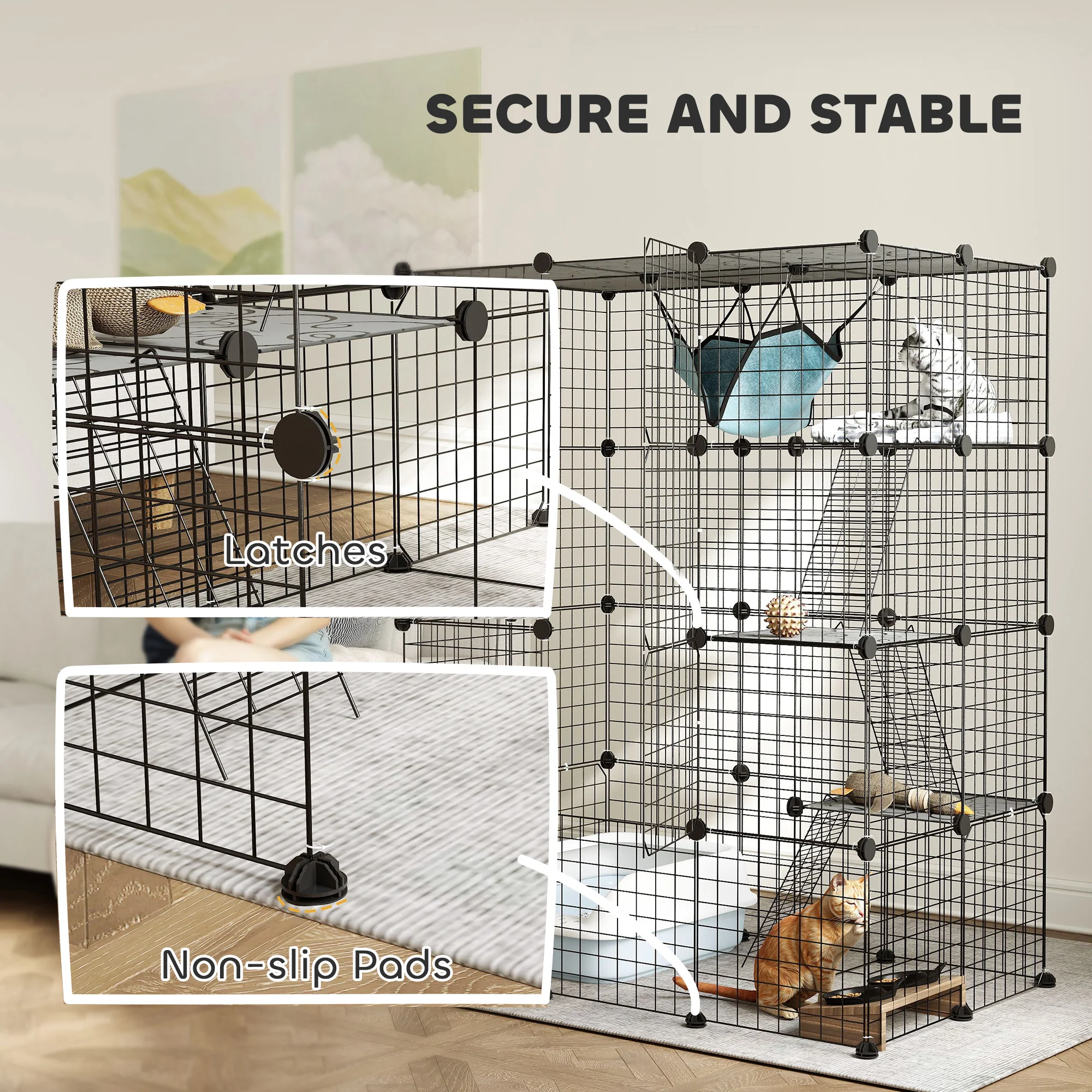 PawHut 4-Tier Cat Cage Indoor, DIY Cat Playpen With Hammock, Ramps, 5 Doors - Image 8