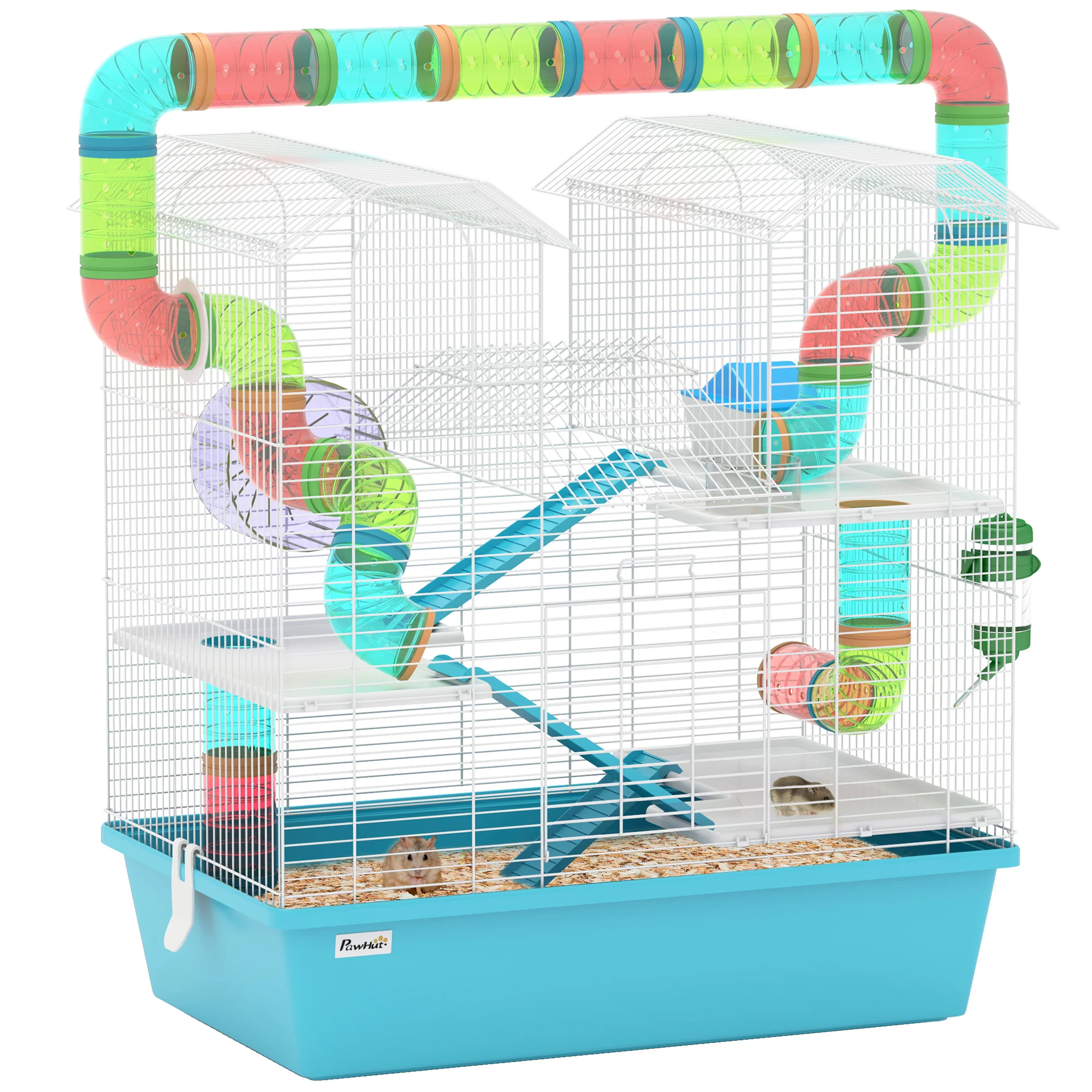 PawHut 4 Tier Hamster Cage With Tubes, For Drawf, 58 X 36 X 65cm, Light Blue