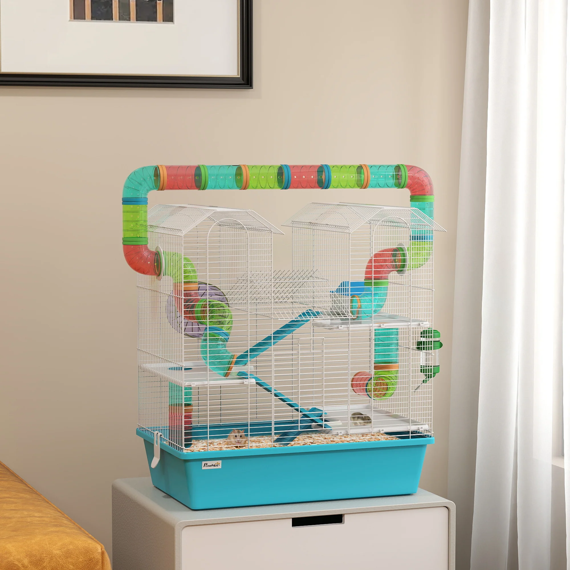 PawHut 4 Tier Hamster Cage With Tubes, For Drawf, 58 X 36 X 65cm, Light Blue - Image 2