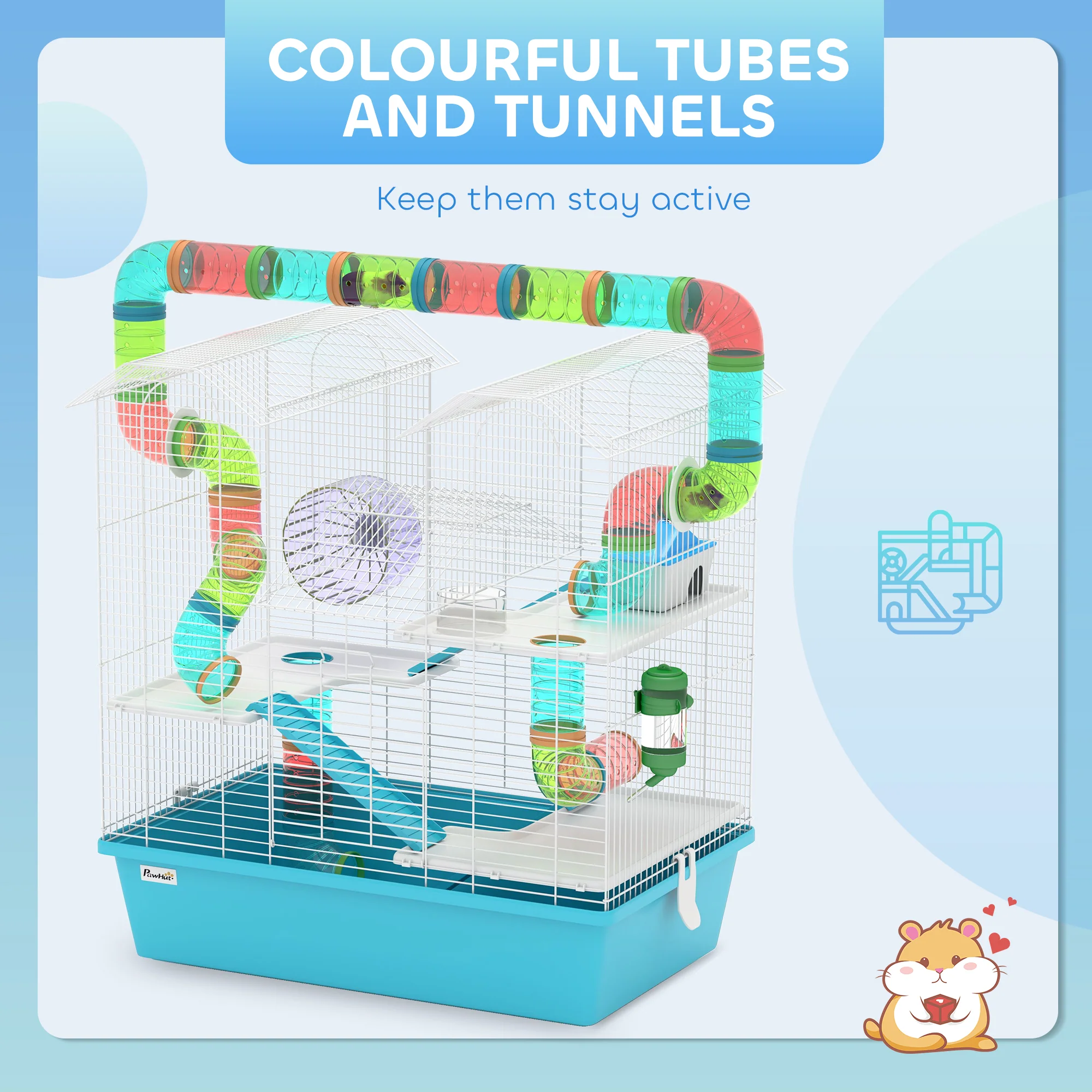 PawHut 4 Tier Hamster Cage With Tubes, For Drawf, 58 X 36 X 65cm, Light Blue - Image 4