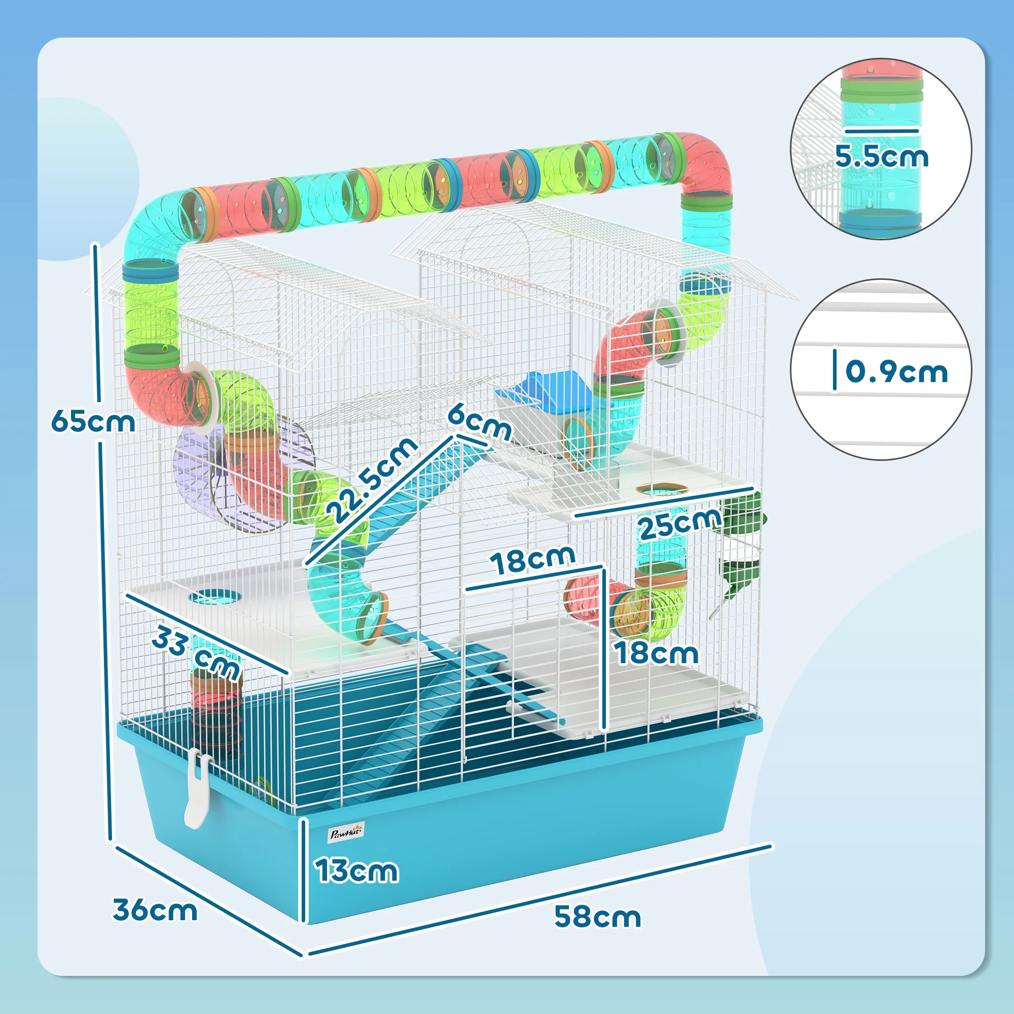 PawHut 4 Tier Hamster Cage With Tubes, For Drawf, 58 X 36 X 65cm, Light Blue - Image 5