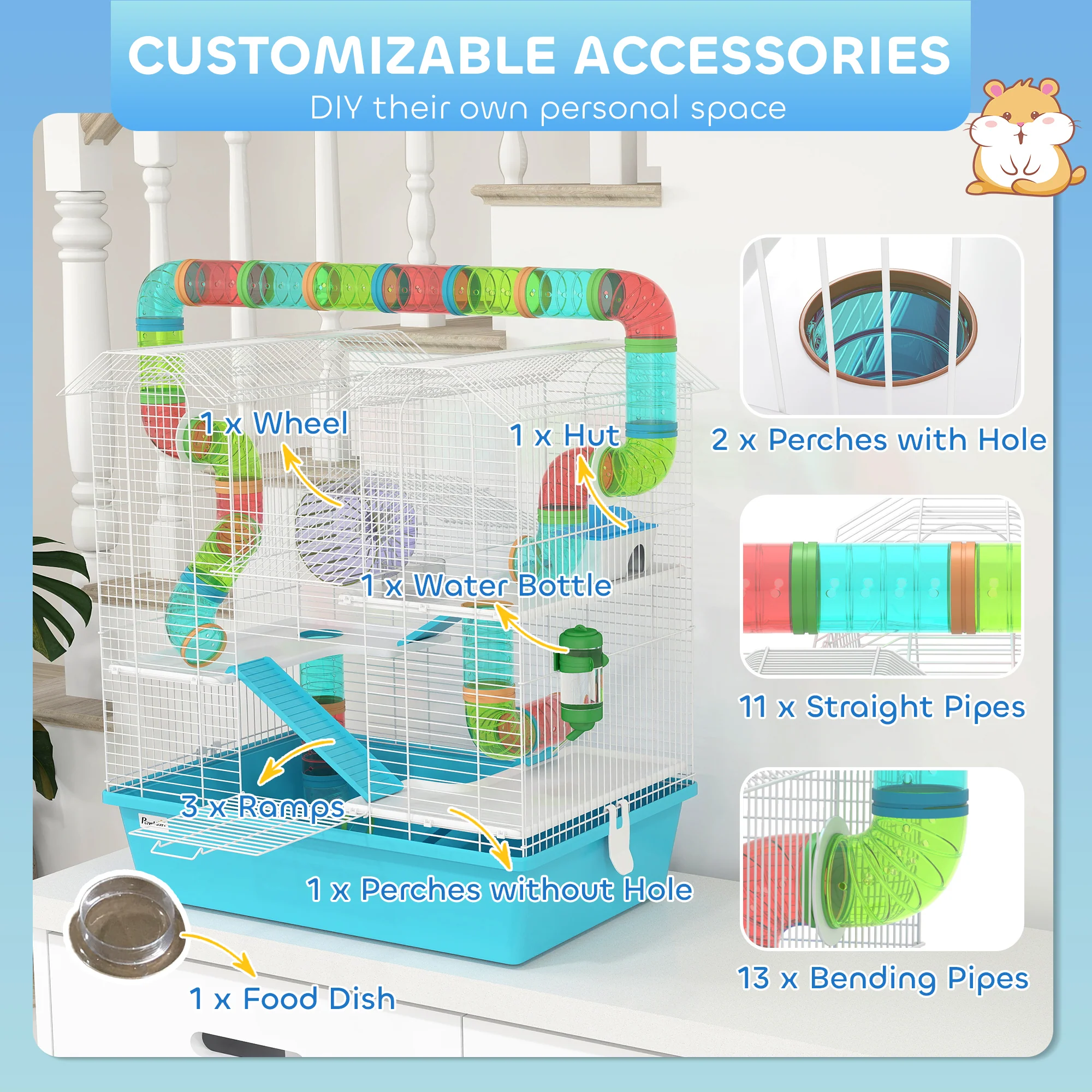 PawHut 4 Tier Hamster Cage With Tubes, For Drawf, 58 X 36 X 65cm, Light Blue - Image 6
