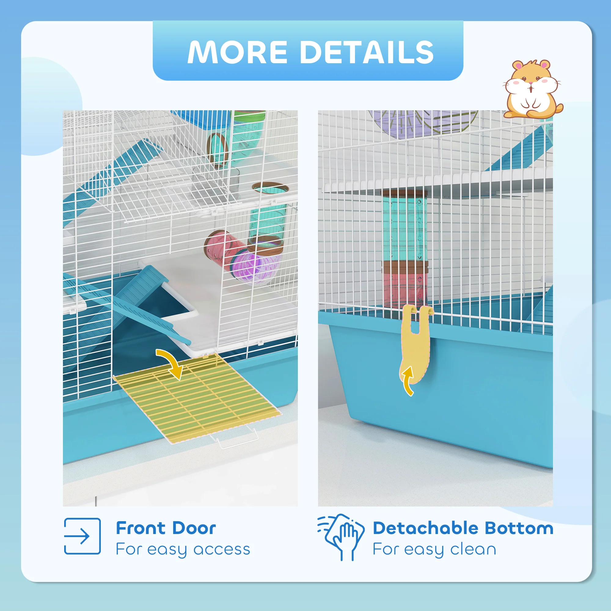 PawHut 4 Tier Hamster Cage With Tubes, For Drawf, 58 X 36 X 65cm, Light Blue - Image 8