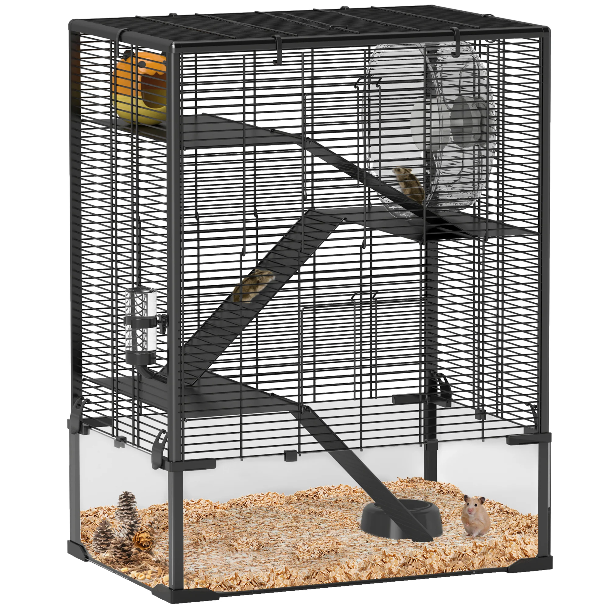 PawHut 4 Tiers Hamster Cage With Deep Tempered Glass Bottom, 60 X 40 X 80cm