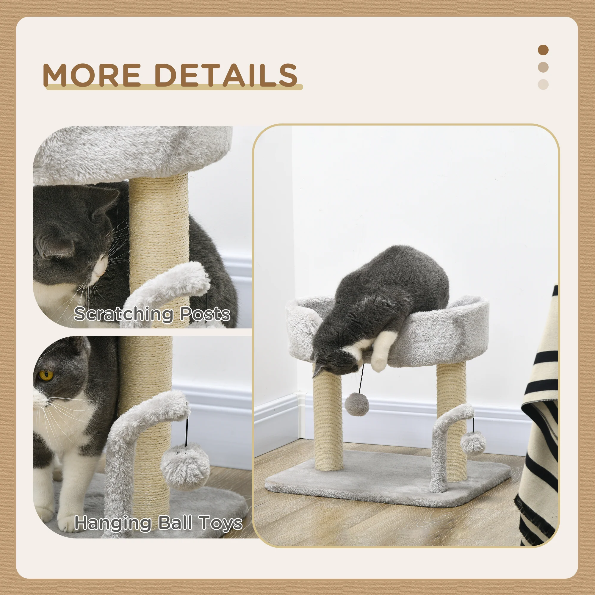 PawHut 42cm Indoor Cat Tree, Kitty Play Tower W/ Toy Balls Sisal Scratching Post - Image 4