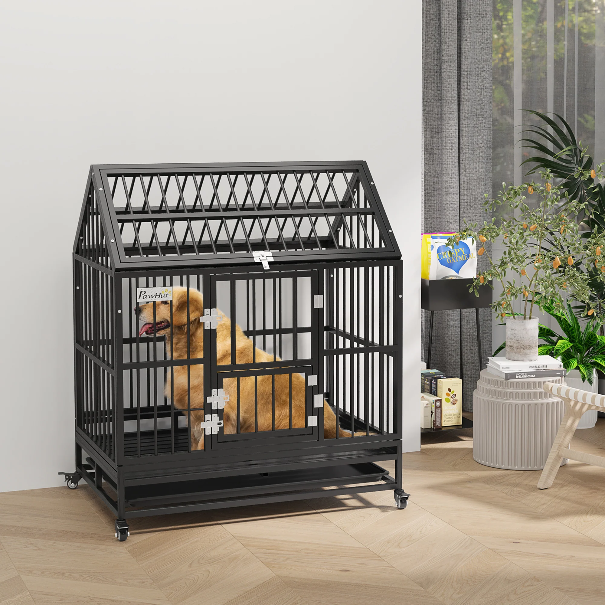 PawHut 43 Inch Heavy Duty Dog Crate On Wheels W/ Removable Tray, Openable Top - Image 2