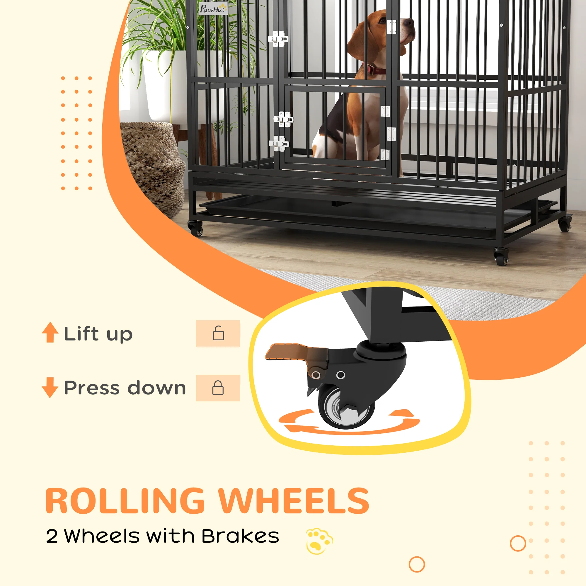 PawHut 48 Inch Heavy Duty Dog Crate On Wheels W/ Removable Tray, Openable Top - Image 4