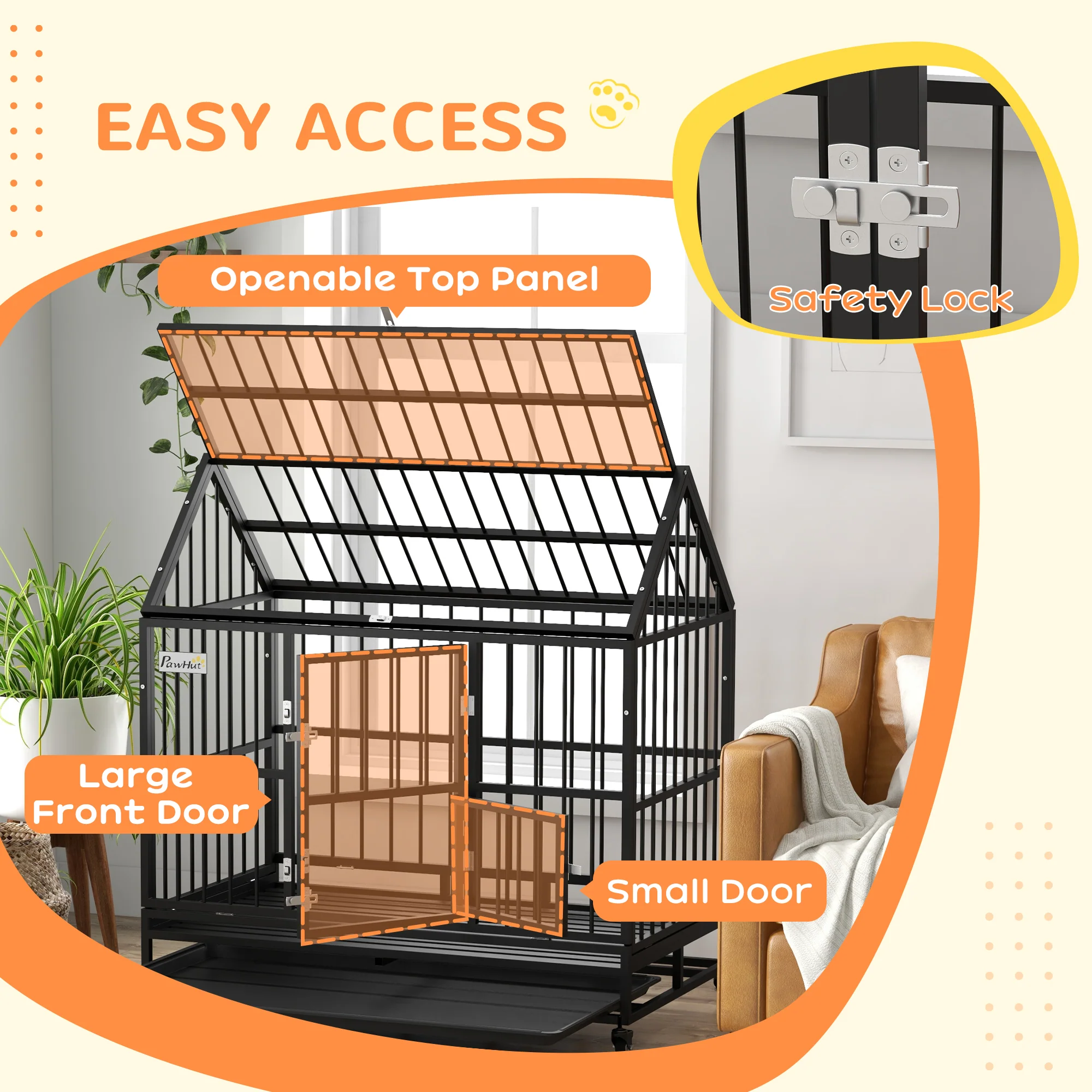 PawHut 48 Inch Heavy Duty Dog Crate On Wheels W/ Removable Tray, Openable Top - Image 6