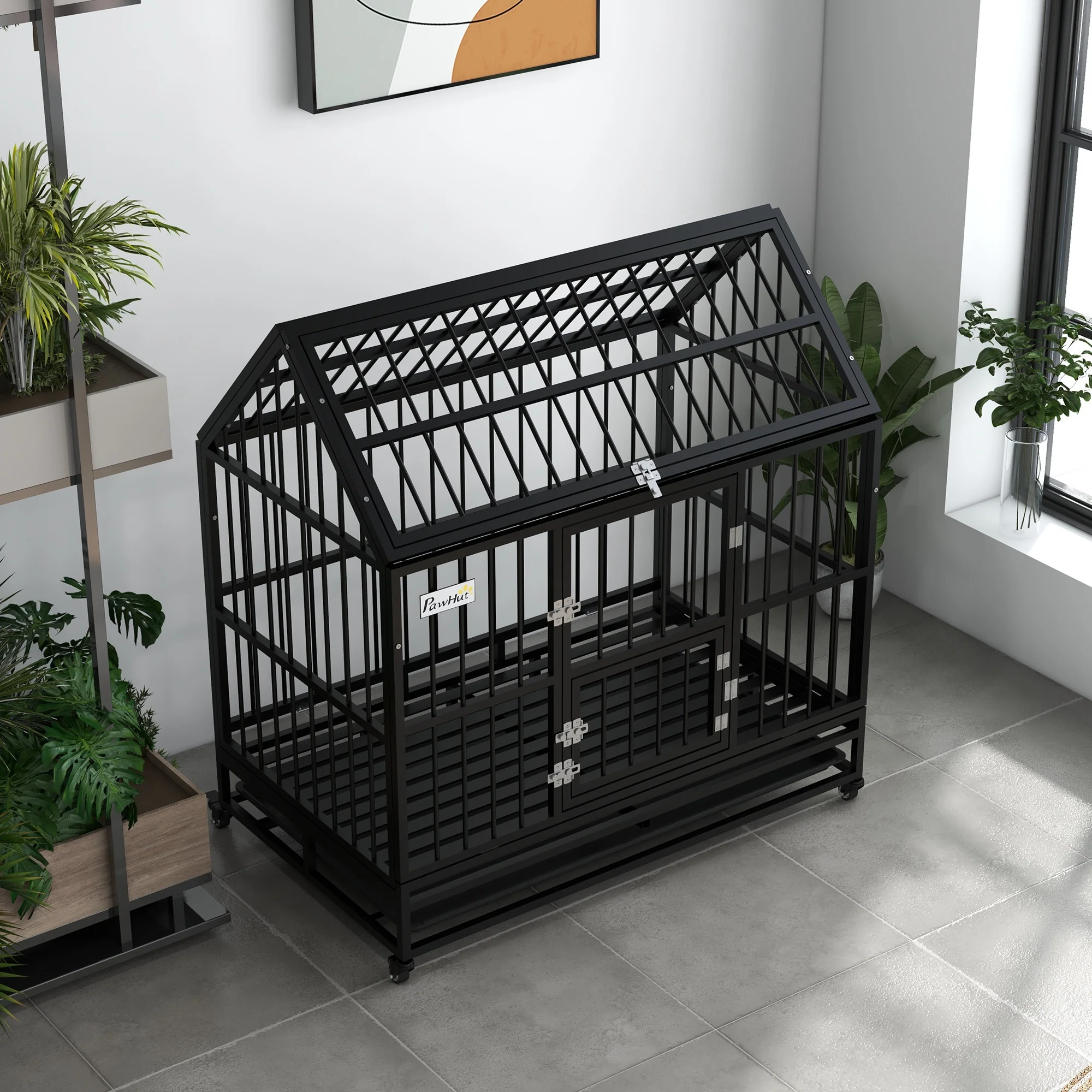 PawHut 48 Inch Heavy Duty Dog Crate On Wheels W/ Removable Tray, Openable Top - Image 8