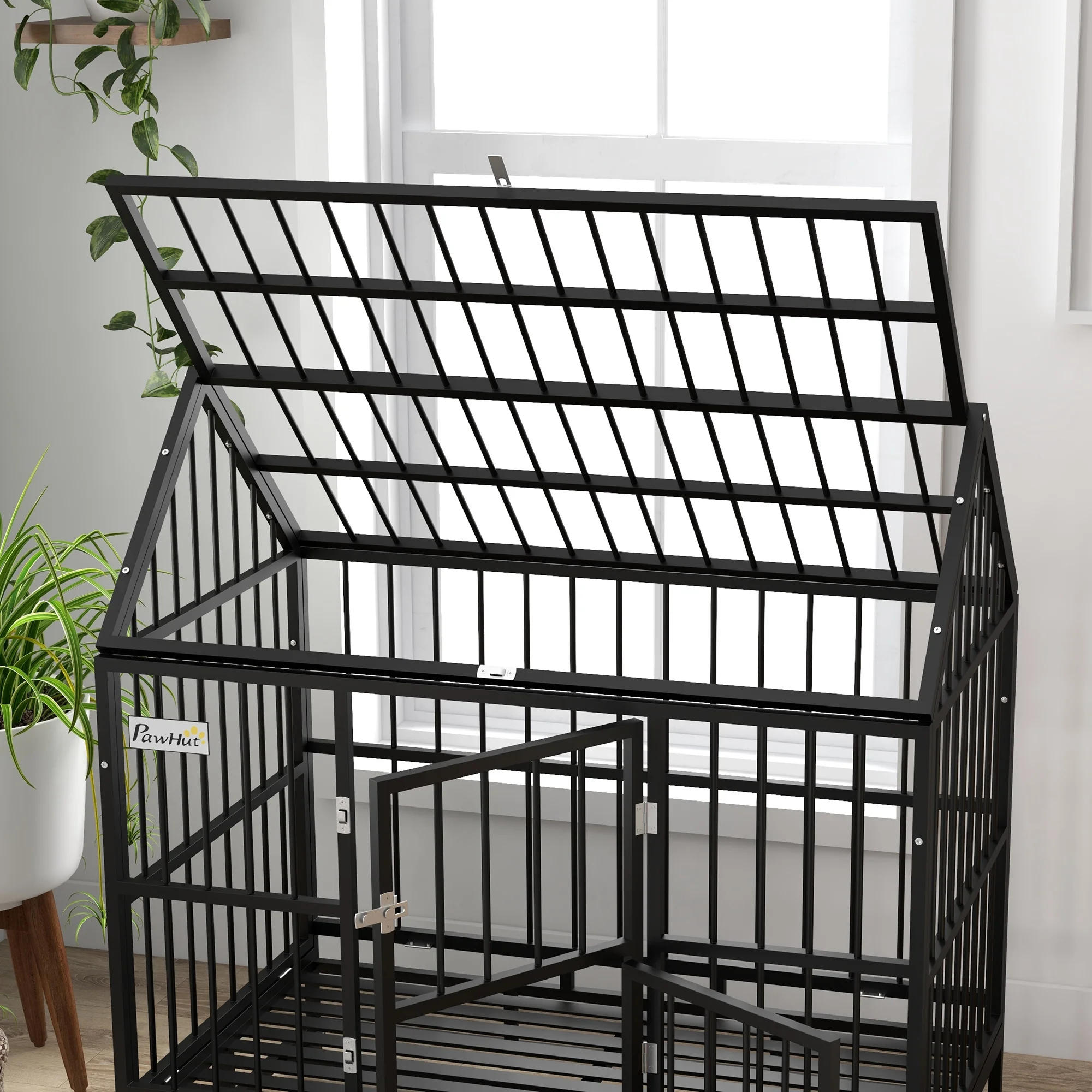 PawHut 48 Inch Heavy Duty Dog Crate On Wheels W/ Removable Tray, Openable Top - Image 9