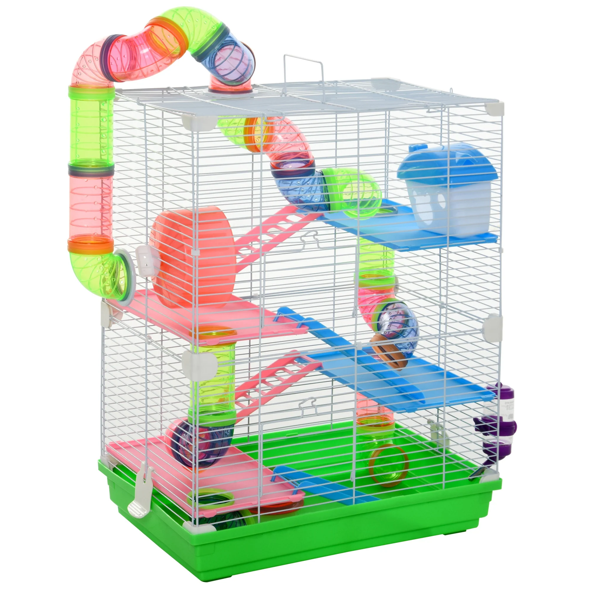 Pawhut 5 Tier Hamster Cage Carrier Habitat Small Animal House With Exercise Wheels Tunnel Tube Water Bottle Dishes House Ladder For Dwarf Mice, Green