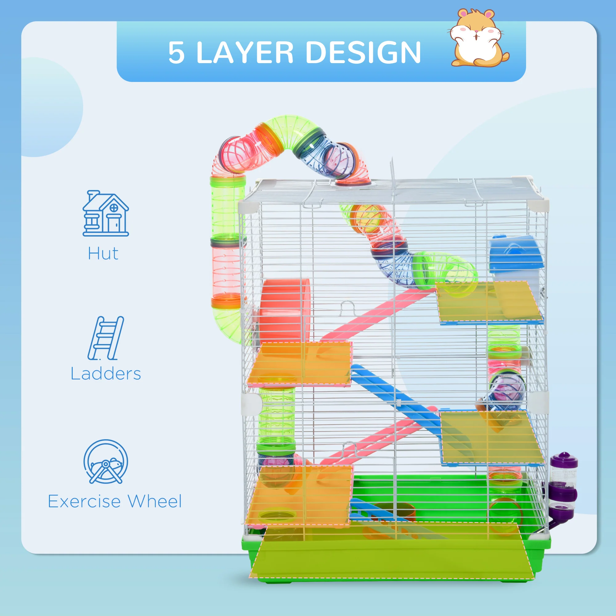 Pawhut 5 Tier Hamster Cage Carrier Habitat Small Animal House With Exercise Wheels Tunnel Tube Water Bottle Dishes House Ladder For Dwarf Mice, Green - Image 6