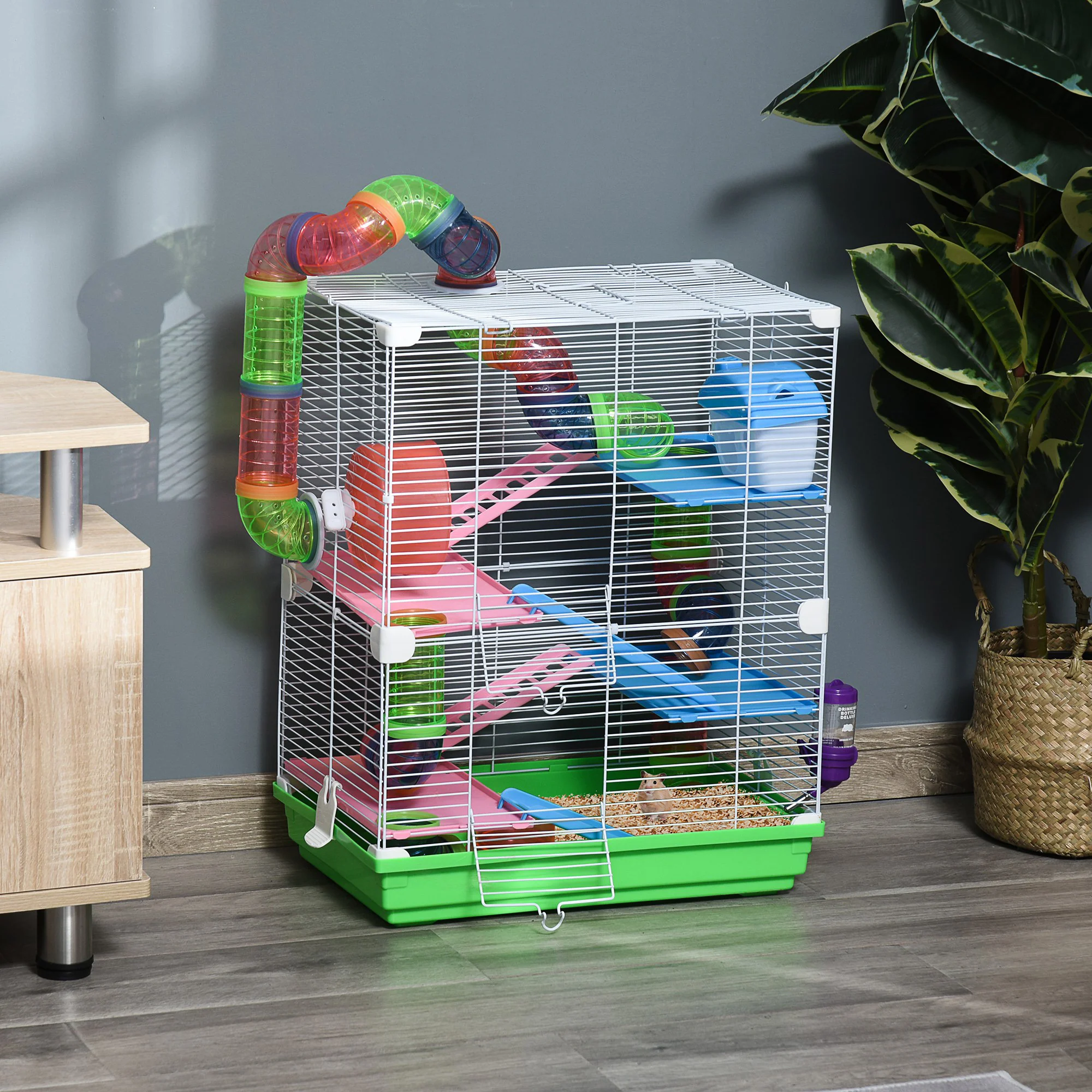 Pawhut 5 Tier Hamster Cage Carrier Habitat Small Animal House With Exercise Wheels Tunnel Tube Water Bottle Dishes House Ladder For Dwarf Mice, Green - Image 9