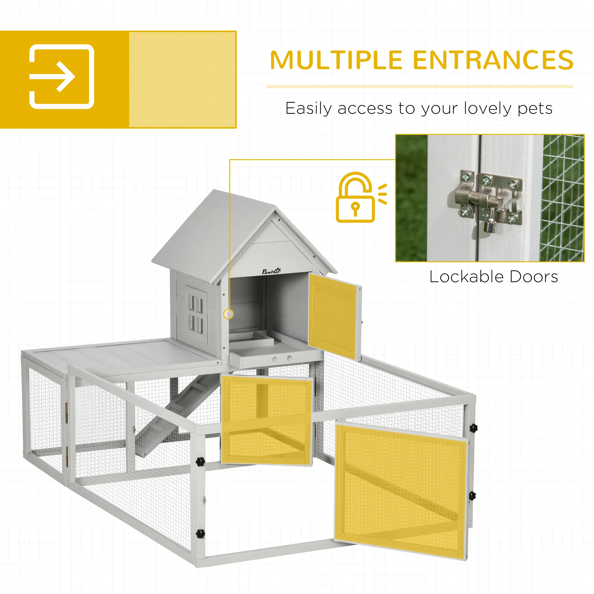 PawHut 5FT Rabbit Hutch with Run Wooden Large Guinea Pig Cage for Indoor, Grey - Image 9