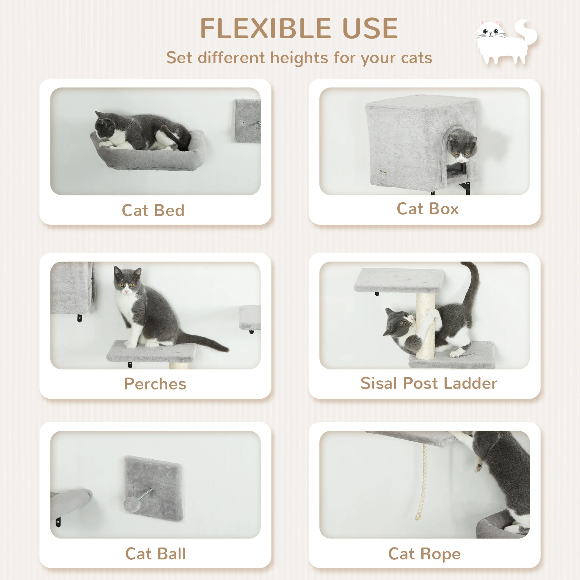 PawHut 6-Piece Cat Wall Shelves Set, Cat Wall Furniture With Condo, Grey - Image 3
