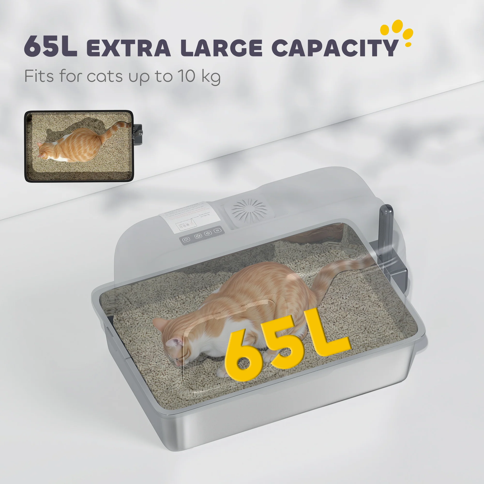 PawHut 65L XL Stainless Steel Litter Tray With Plasma Deodoriser System - Image 7