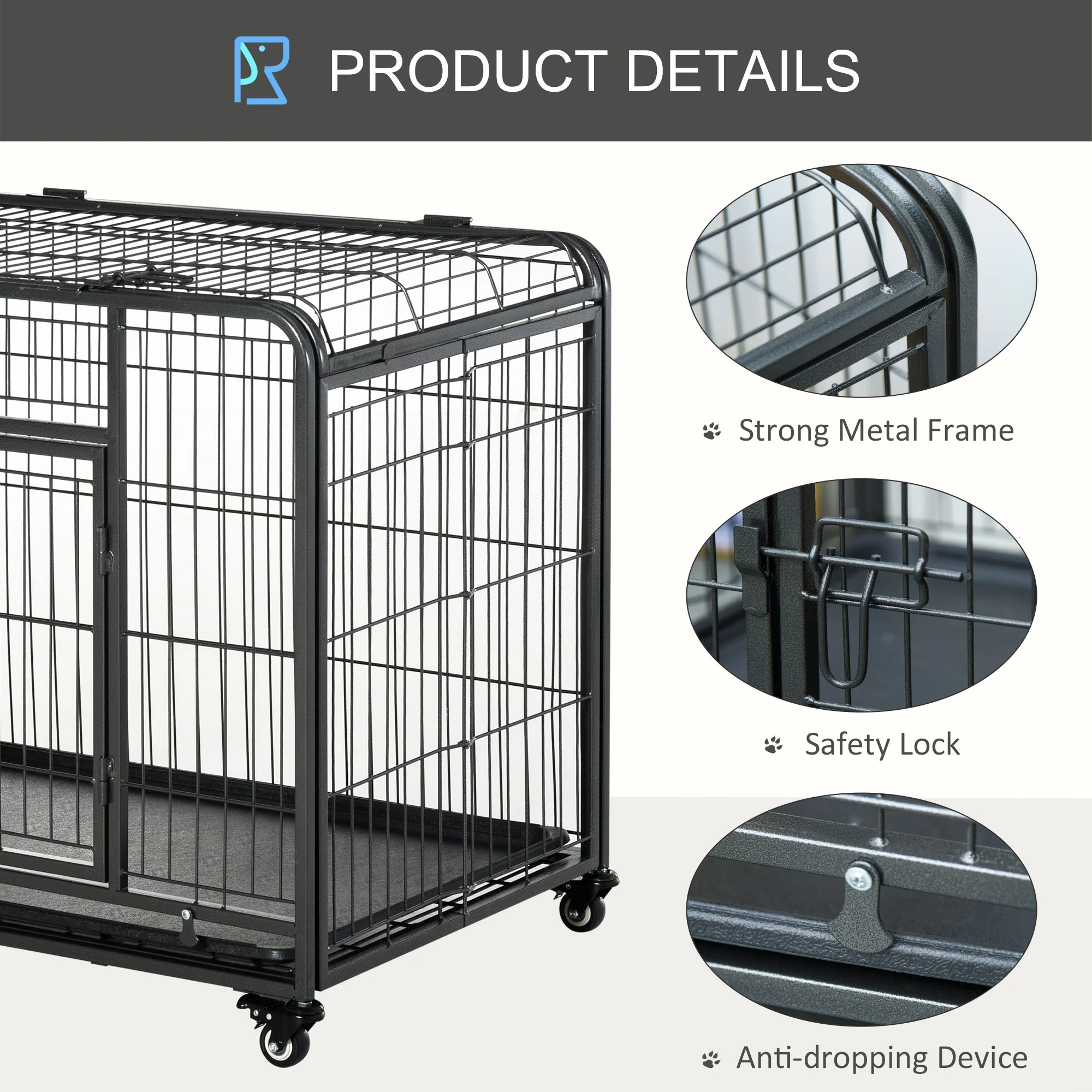 PawHut 69.5x94cm Metal Dog Cage Kennel w/ Locking Door & Wheels Medium Pets - Image 4