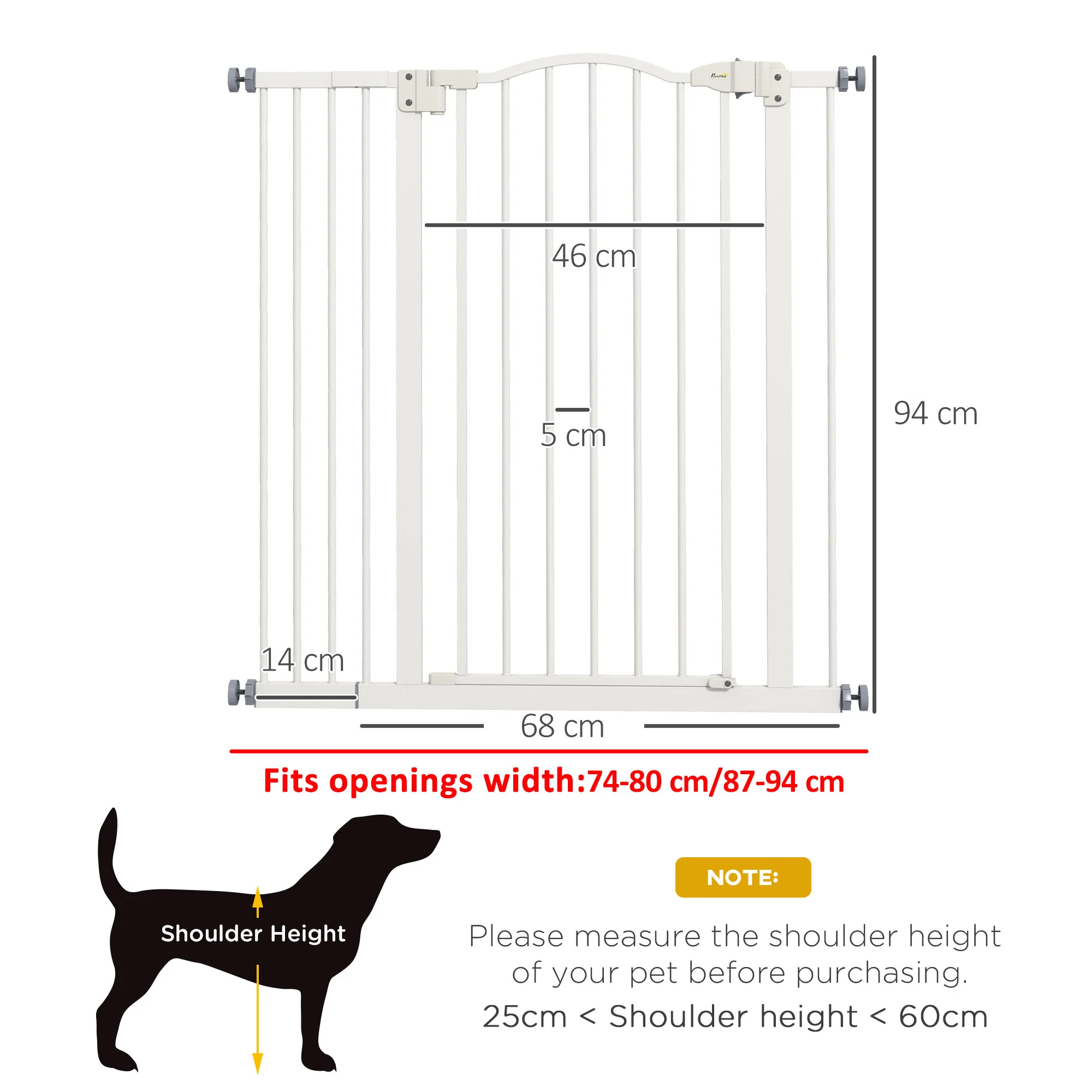 PawHut 74-94cm Adjustable Metal Pet Gate Safety Barrier w/ Auto-Close Door White - Image 5
