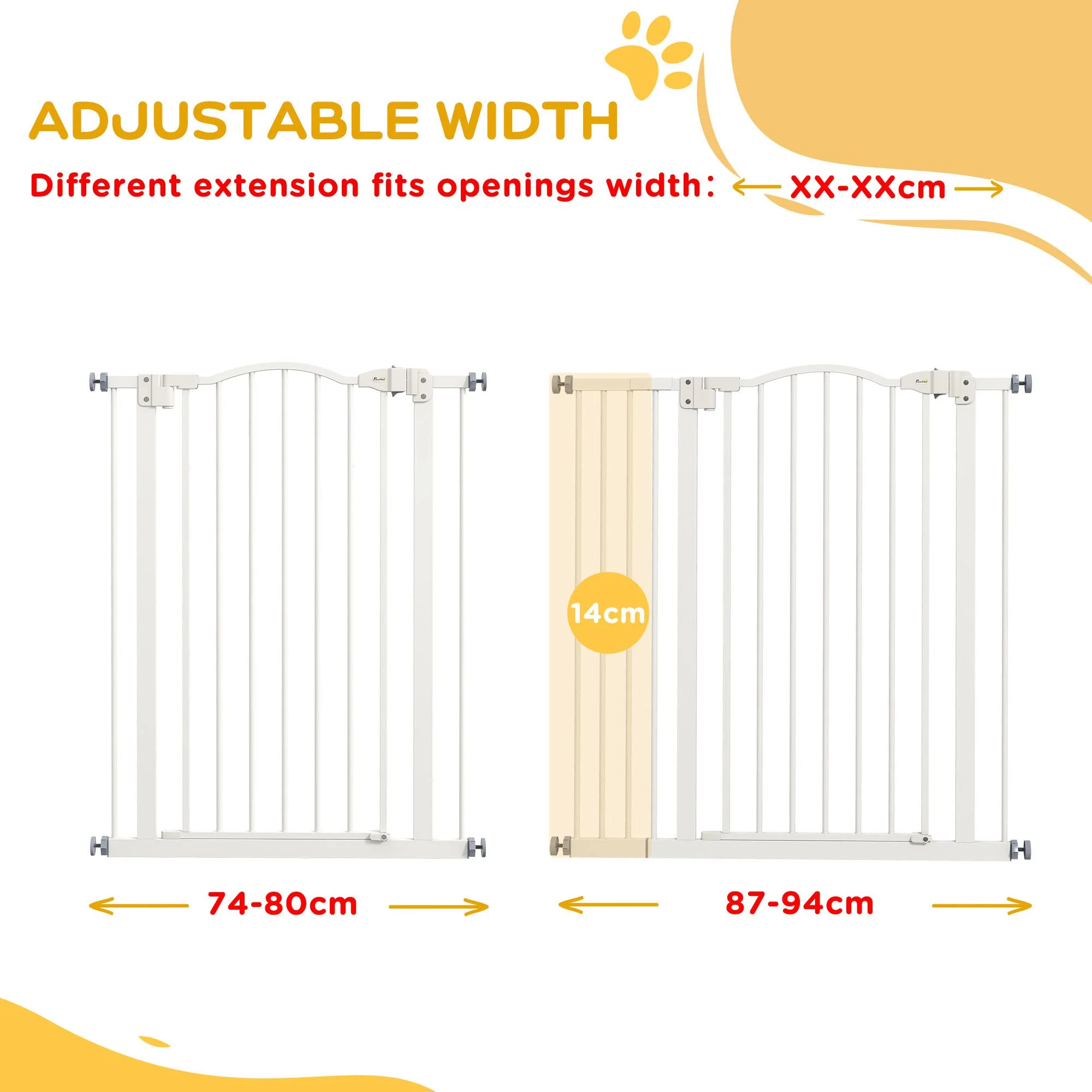 PawHut 74-94cm Adjustable Metal Pet Gate Safety Barrier w/ Auto-Close Door White - Image 8