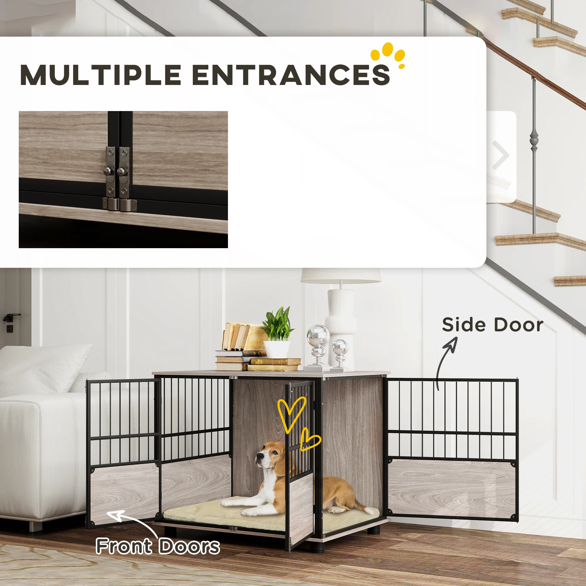PawHut 80cm Dog Crate Furniture Dog Cage End Table Indoor w/ Doors, Cushion - Image 8