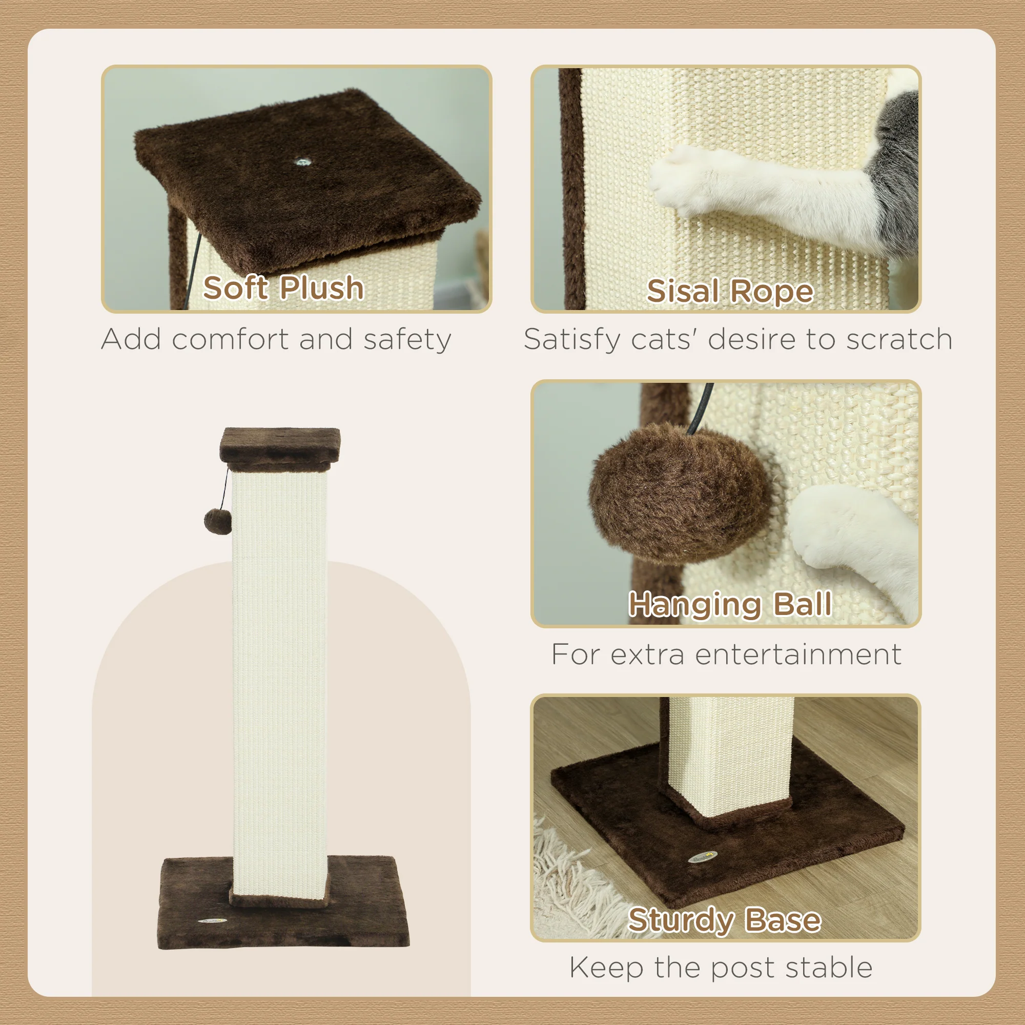 PawHut 81cm Cat Scratching Post w/ Sisal Rope, Hanging Ball Soft Plush - Image 4