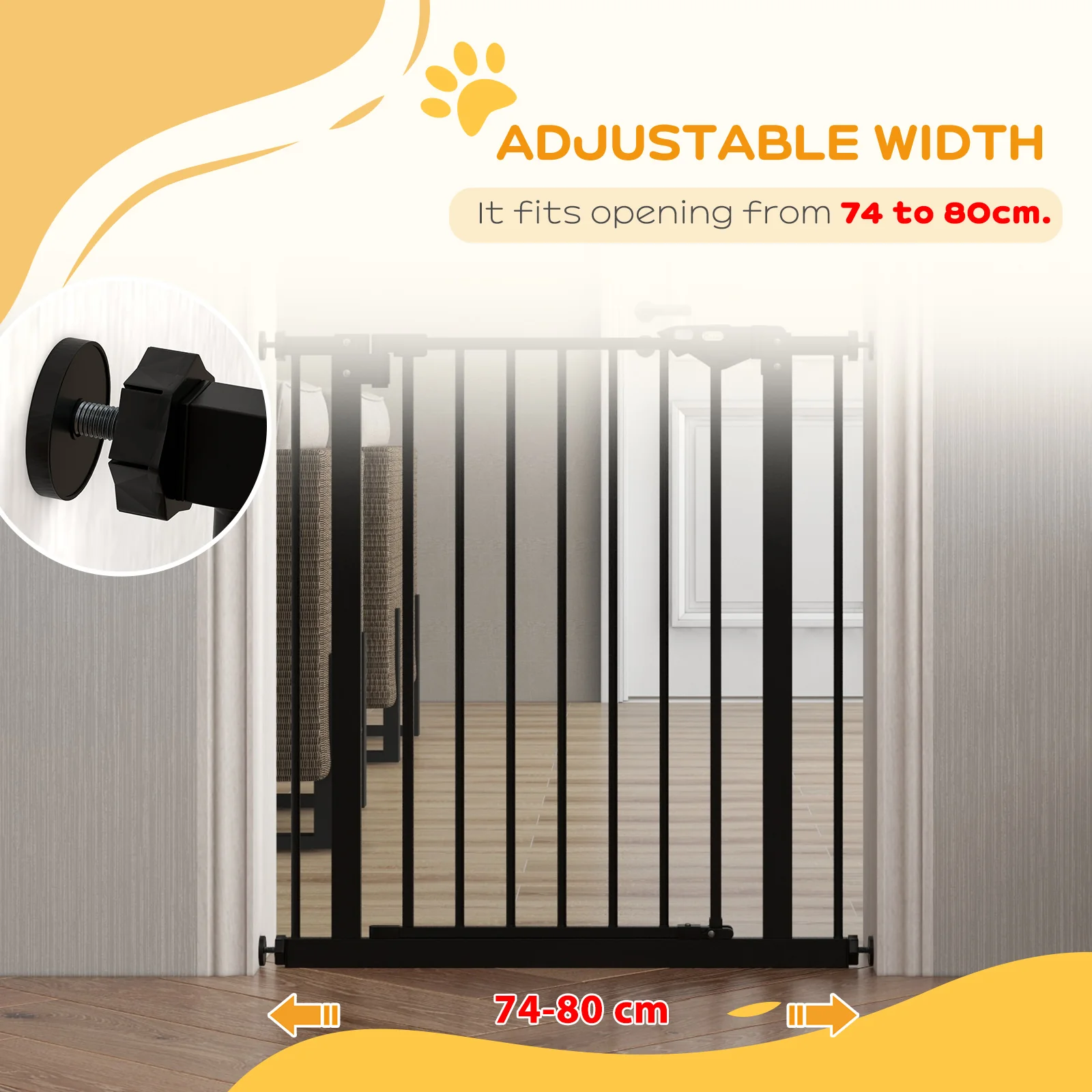 PawHut Adjustable Safety Gate w/ 1 Extensions and Four Adjustable Screws, Black - Image 7