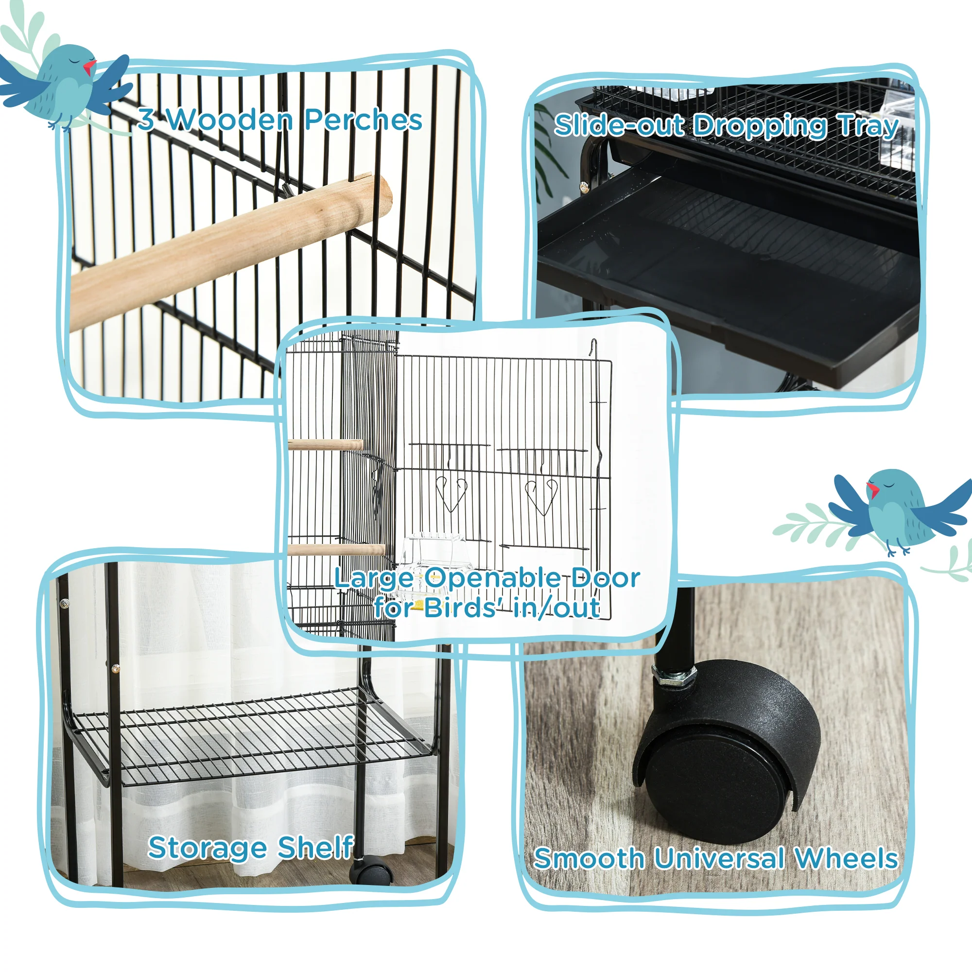 PawHut Bird Cage for Budgie Finch Canary Parakeet W/ Stand Tray Black - Image 4