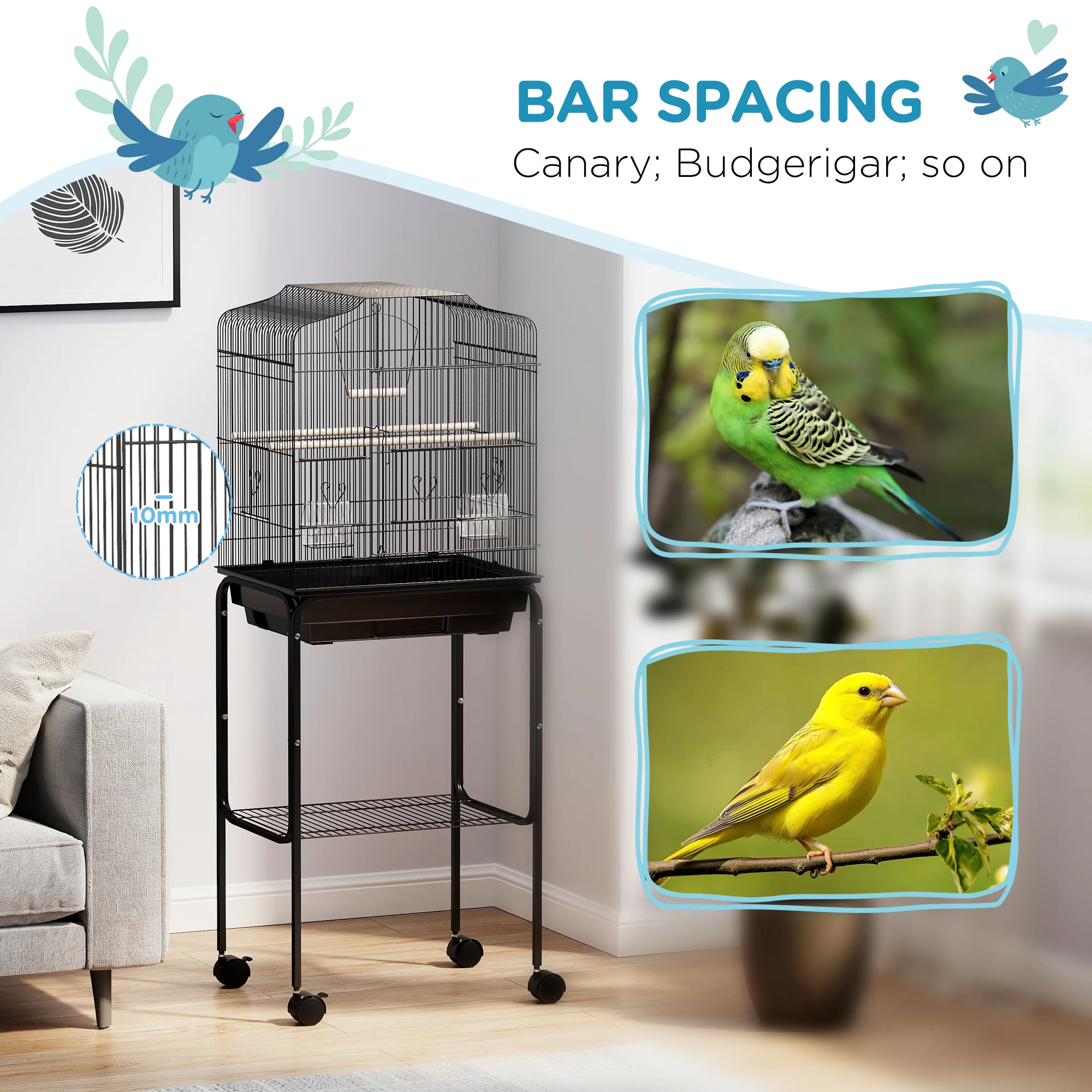 PawHut Bird Cage for Budgie Finch Canary Parakeet W/ Stand Tray Black - Image 6
