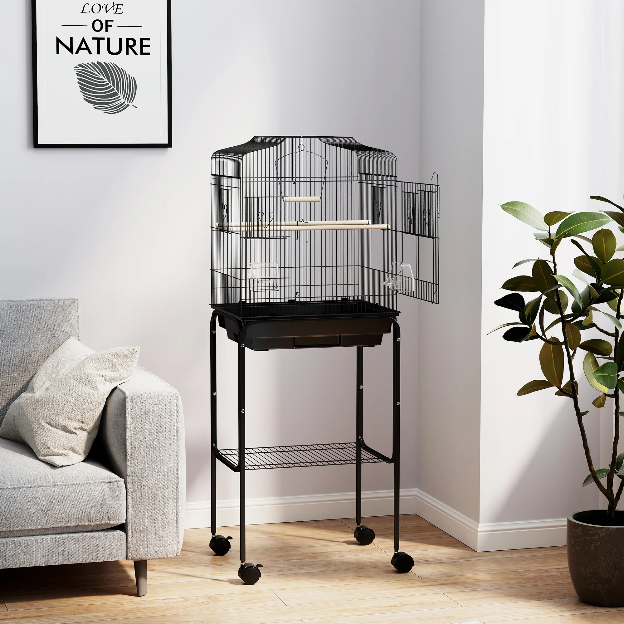 PawHut Bird Cage for Budgie Finch Canary Parakeet W/ Stand Tray Black - Image 7