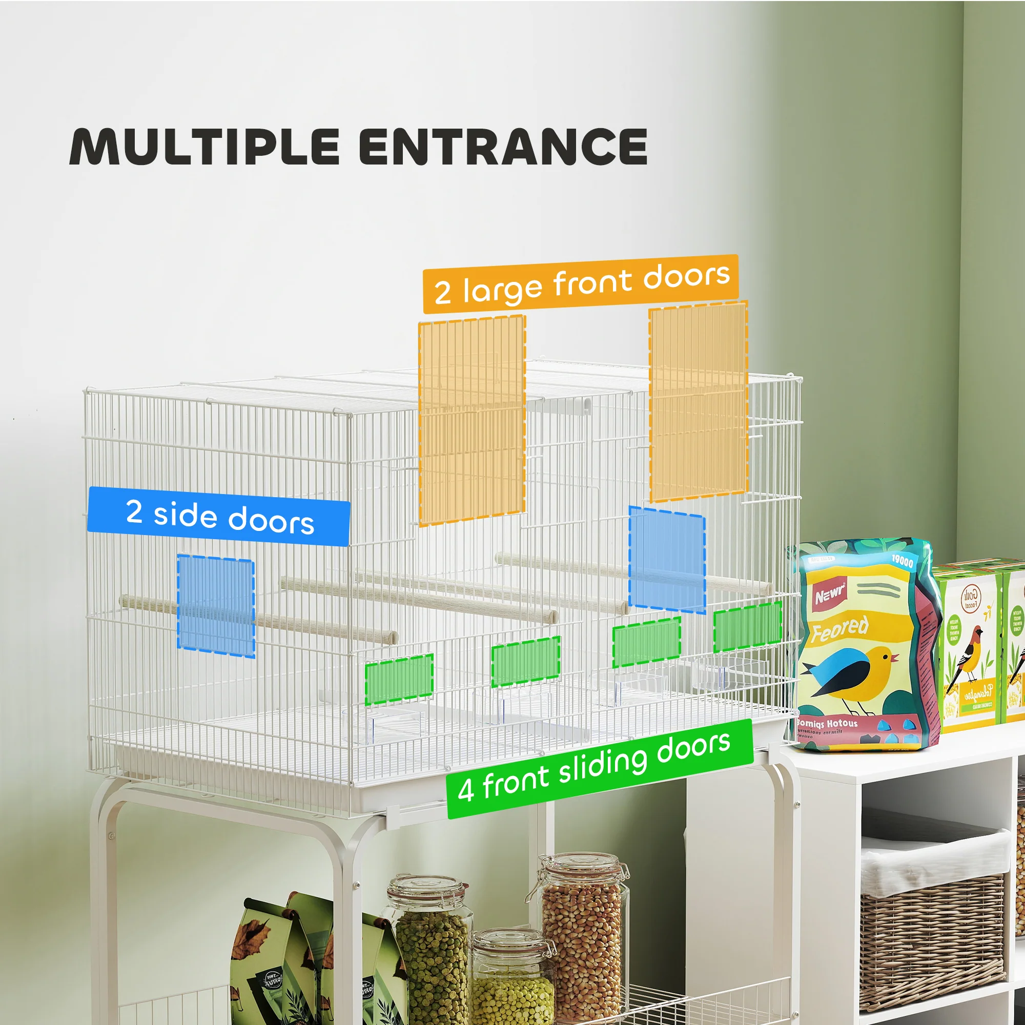 PawHut Bird Cage With Divider, 4 Wooden Perches Slide Out Tray - Image 15