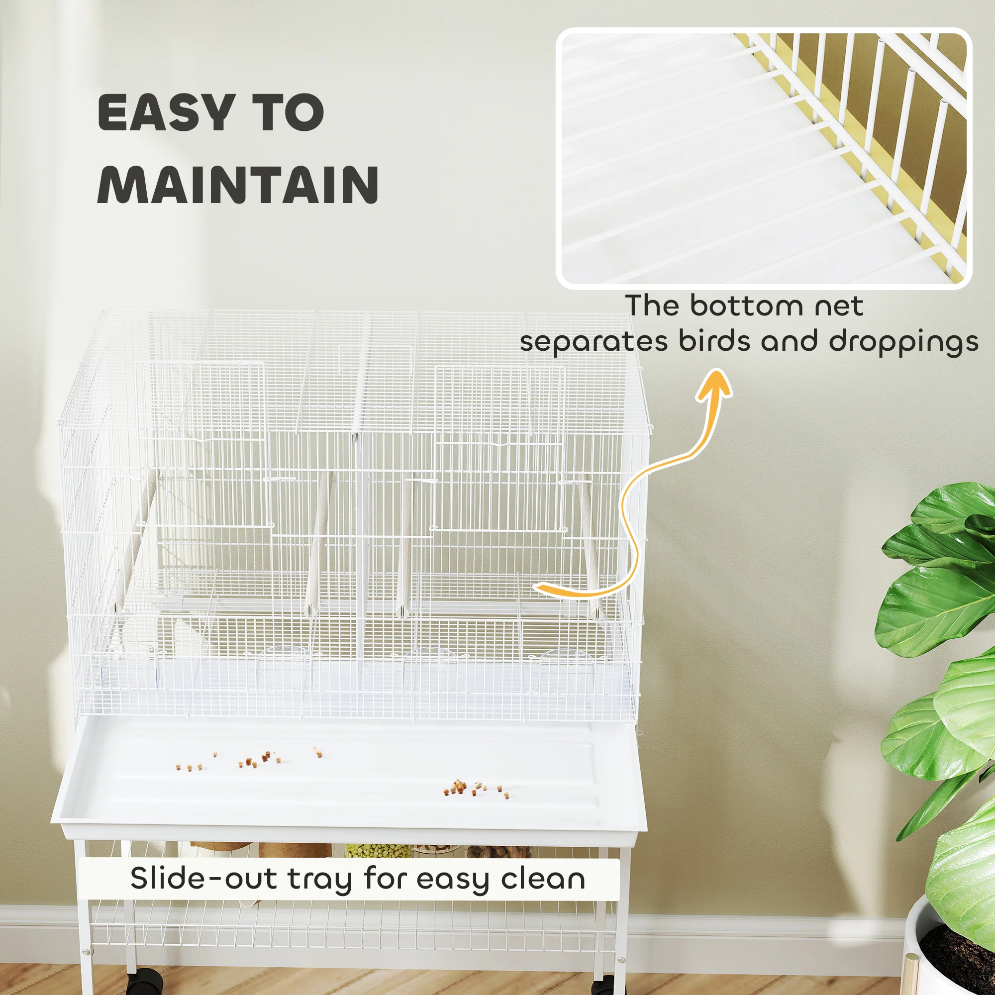 PawHut Bird Cage With Divider, 4 Wooden Perches Slide Out Tray - Image 16