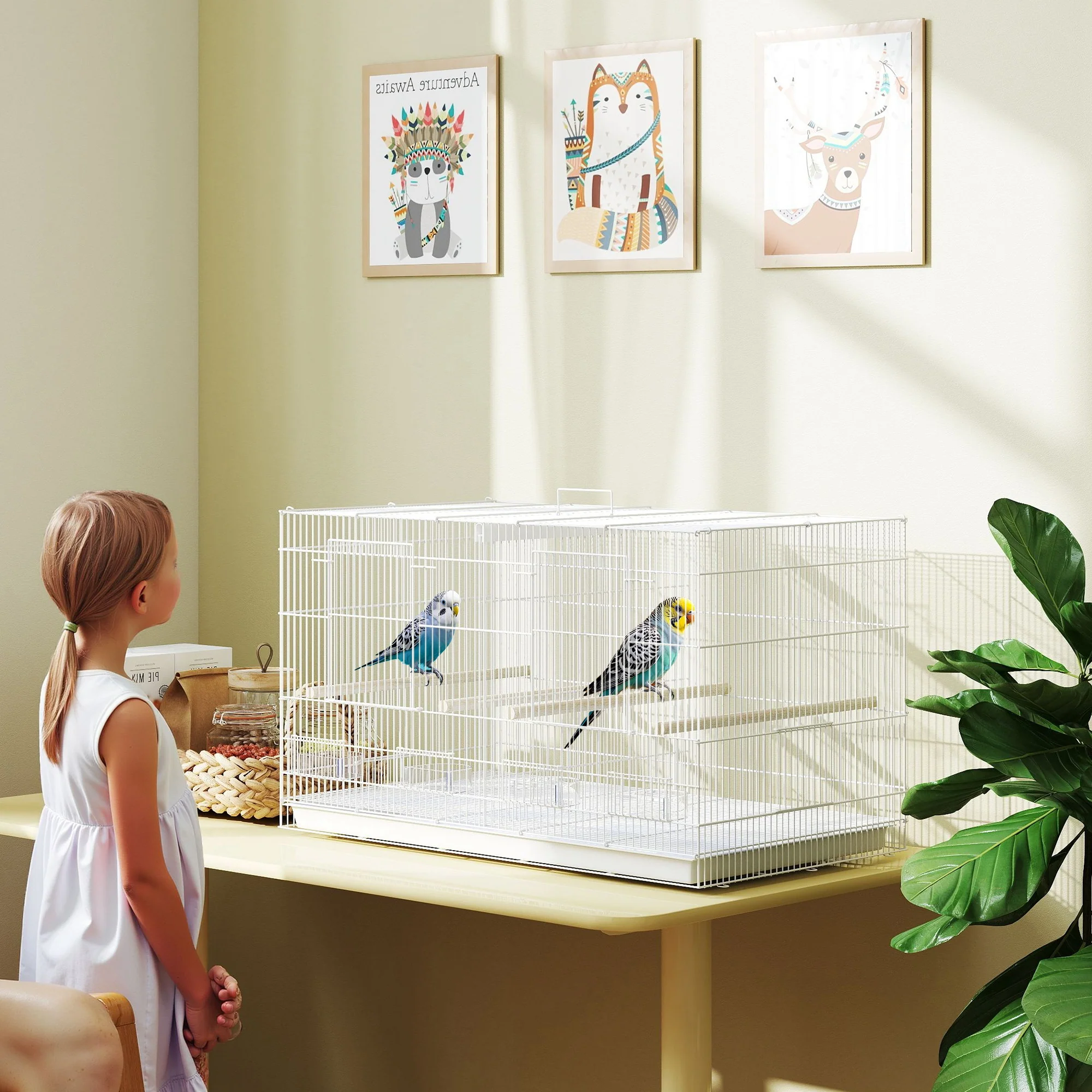 PawHut Bird Cage With Divider, 4 Wooden Perches Slide Out Tray - Image 2
