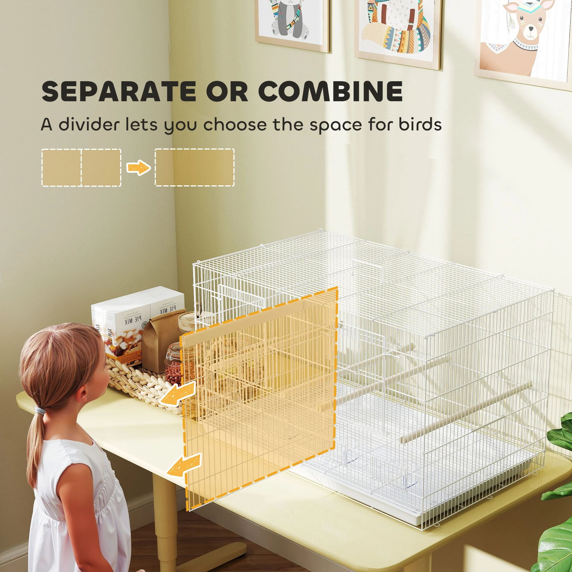 PawHut Bird Cage With Divider, 4 Wooden Perches Slide Out Tray - Image 3