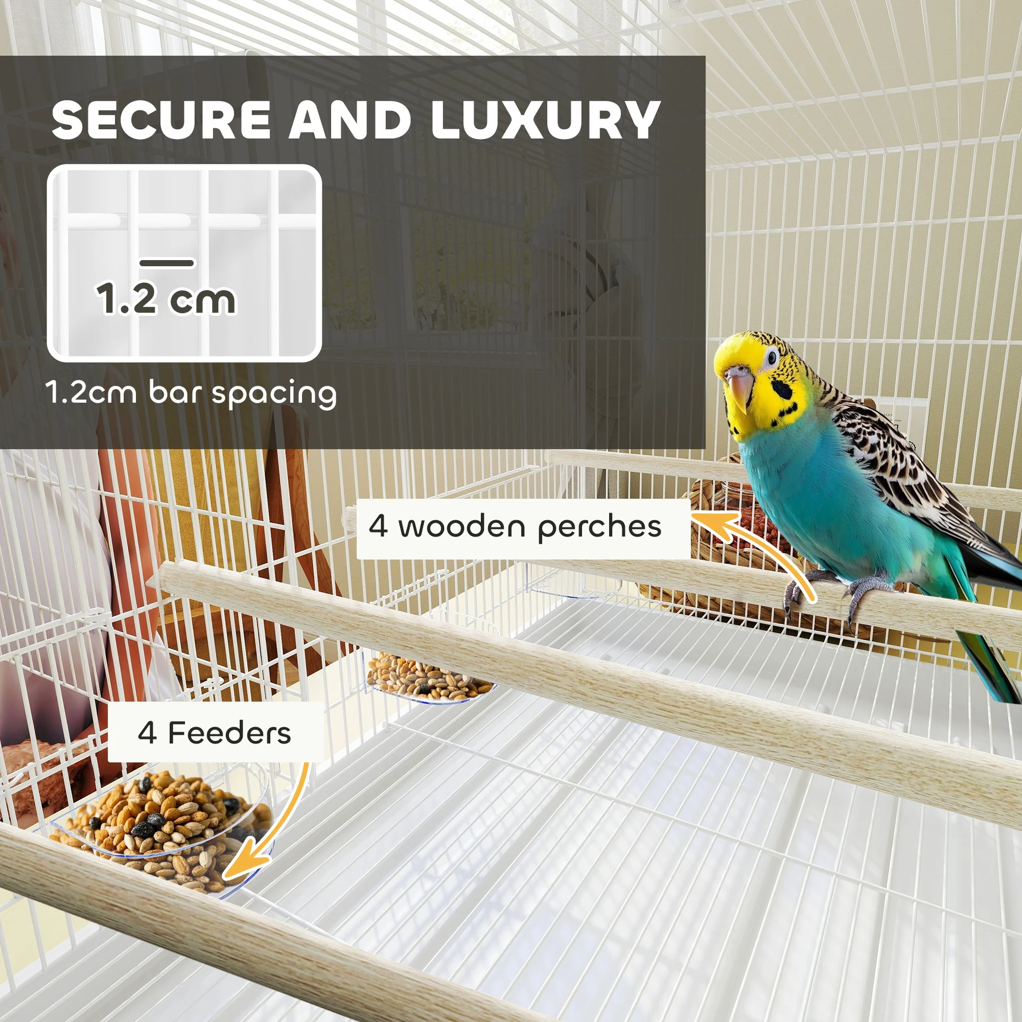 PawHut Bird Cage With Divider, 4 Wooden Perches Slide Out Tray - Image 4