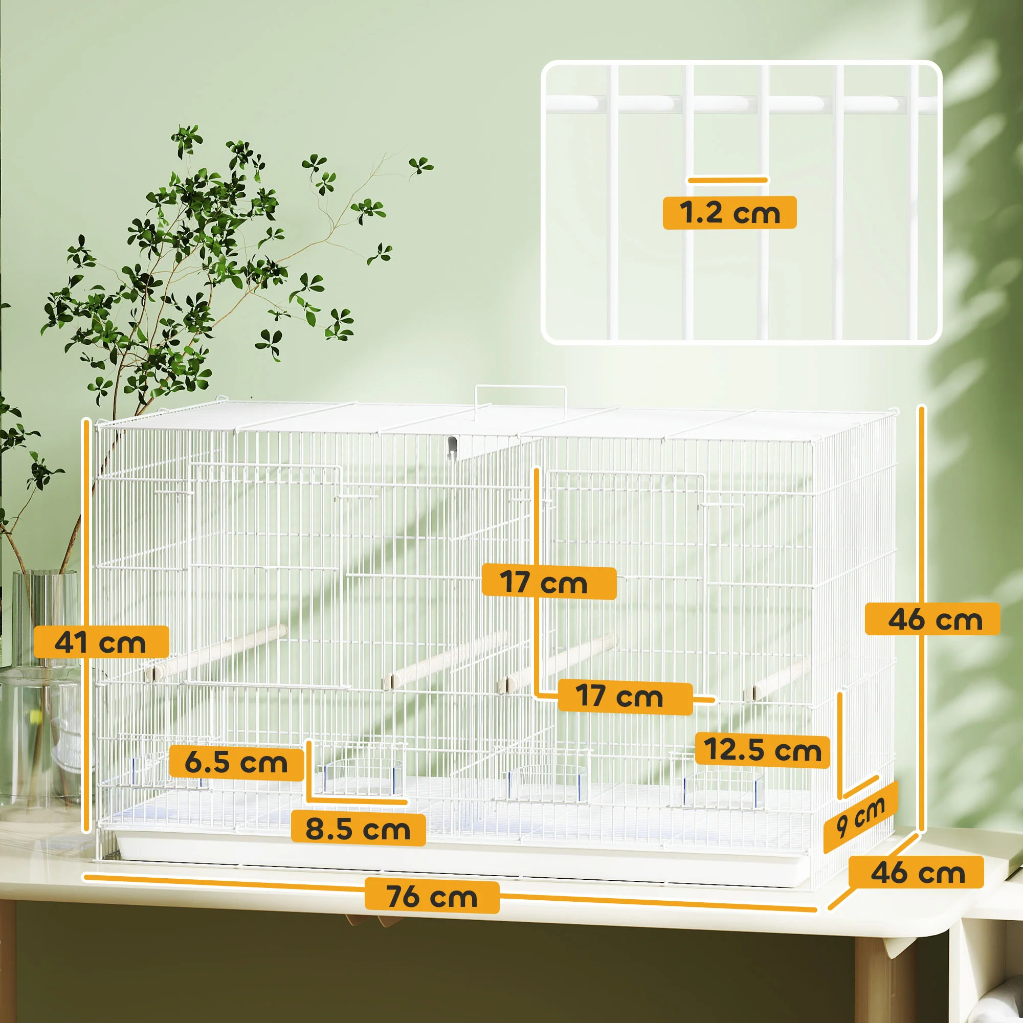 PawHut Bird Cage With Divider, 4 Wooden Perches Slide Out Tray - Image 5