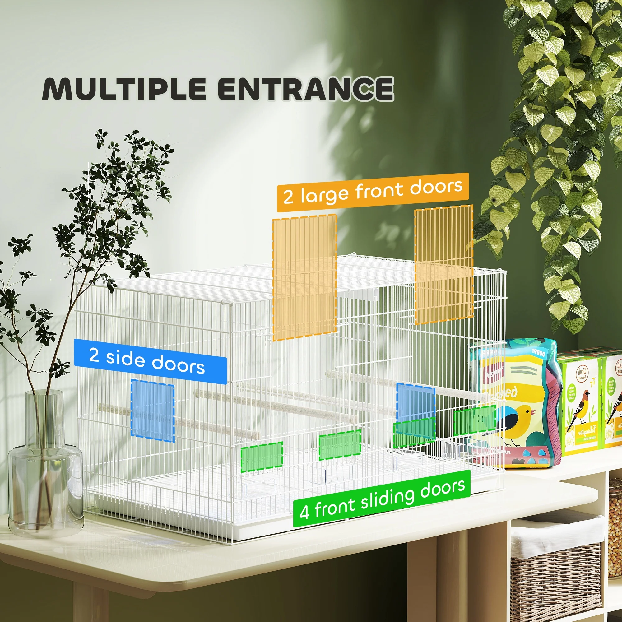 PawHut Bird Cage With Divider, 4 Wooden Perches Slide Out Tray - Image 6