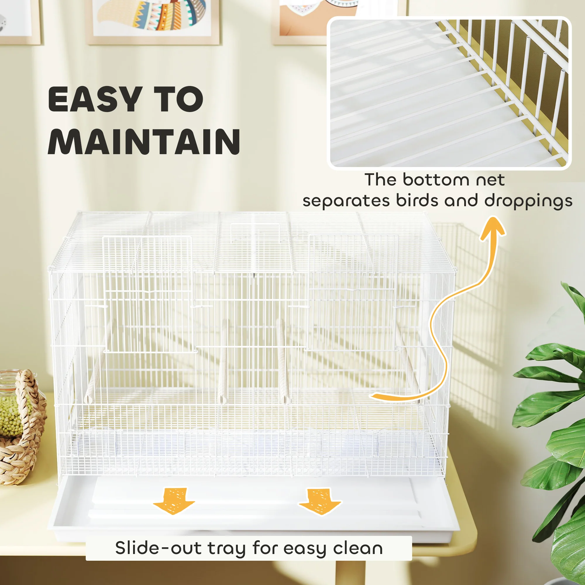 PawHut Bird Cage With Divider, 4 Wooden Perches Slide Out Tray - Image 7