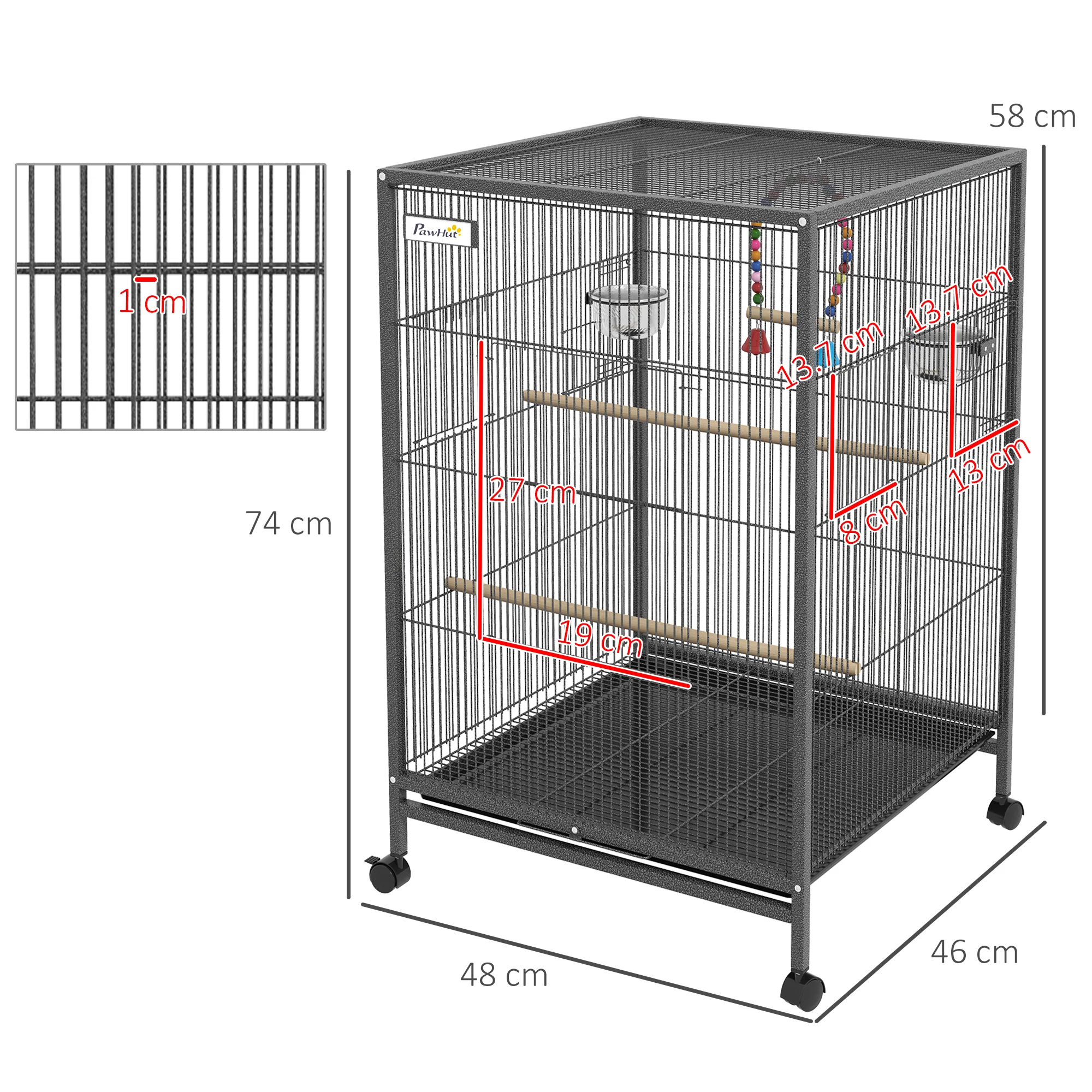 PawHut Bird Cage with Rolling Stand for Small Birds - Grey - Image 4