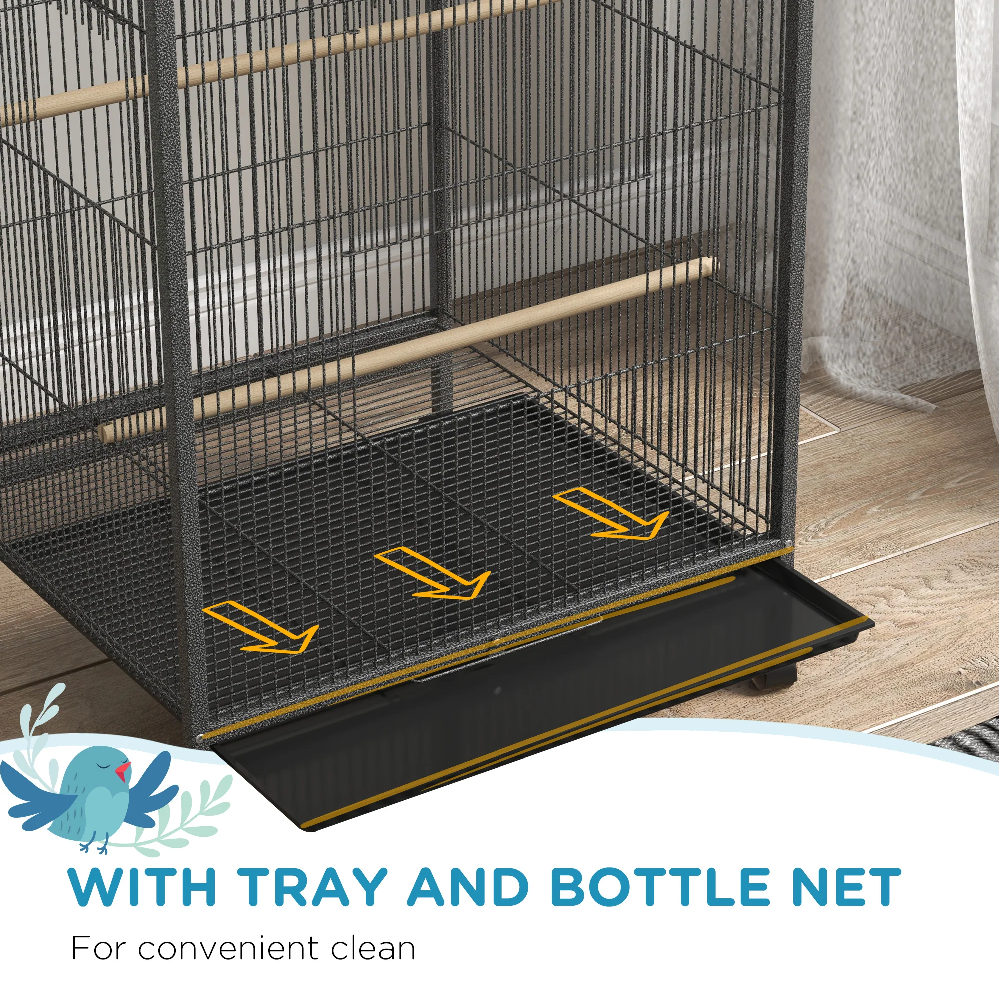 PawHut Bird Cage with Rolling Stand for Small Birds - Grey - Image 5