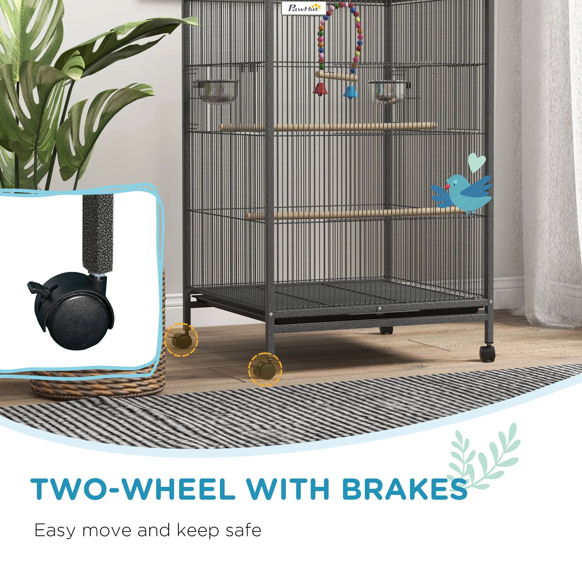 PawHut Bird Cage with Rolling Stand for Small Birds - Grey - Image 6
