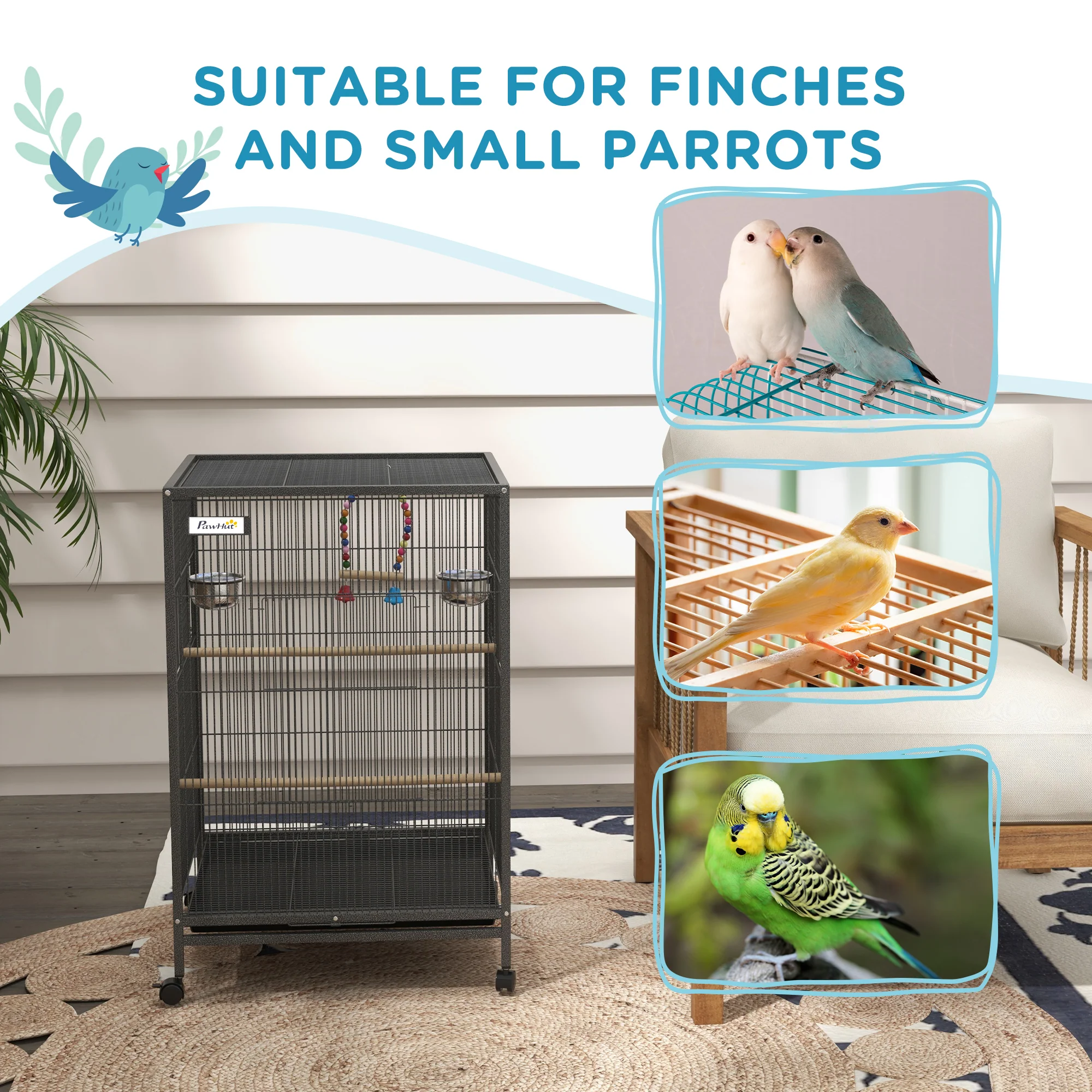 PawHut Bird Cage with Rolling Stand for Small Birds - Grey - Image 7
