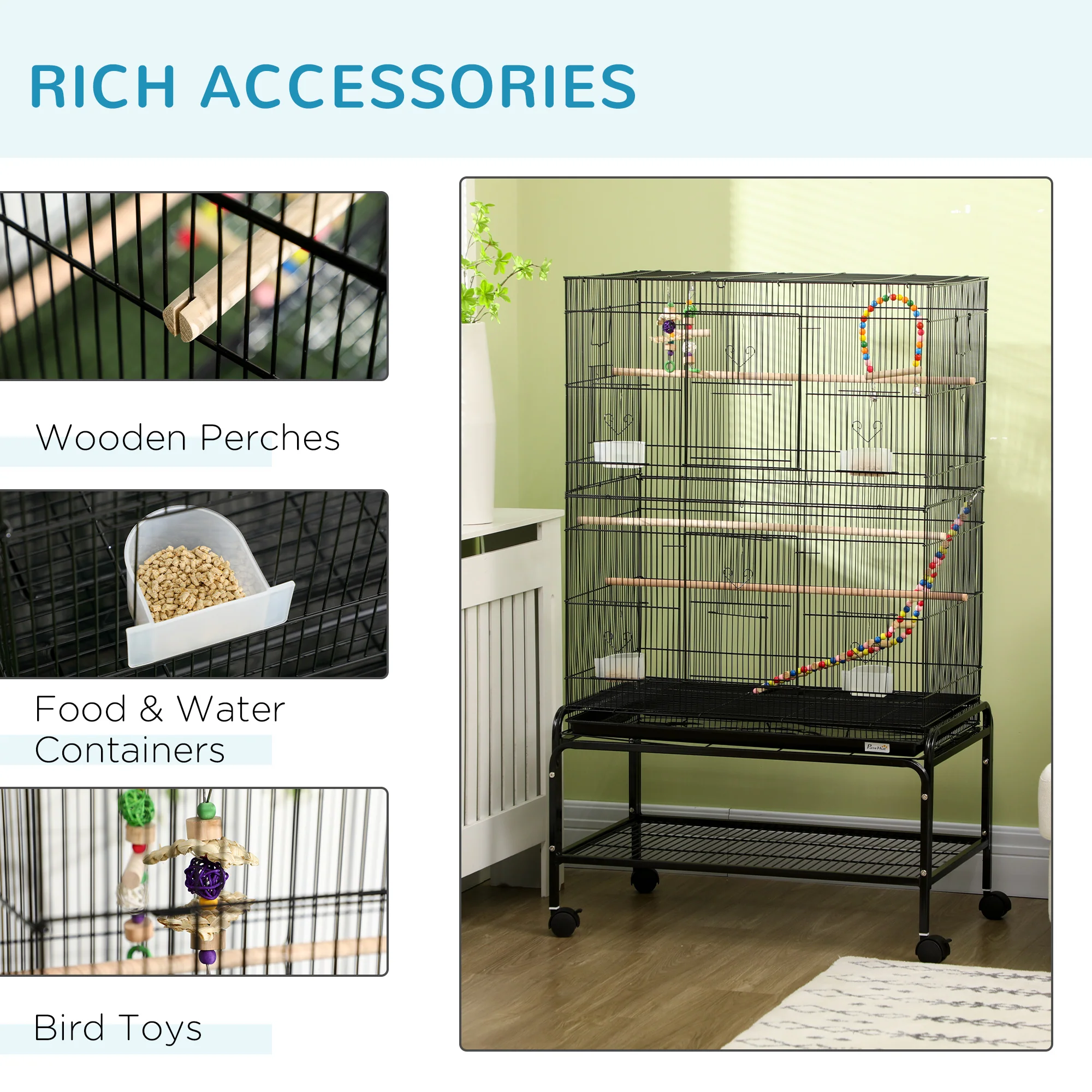 PawHut Bird Cage, with Stand, Wheels, Toys, for Budgies, Finches, Parakeets - Image 3
