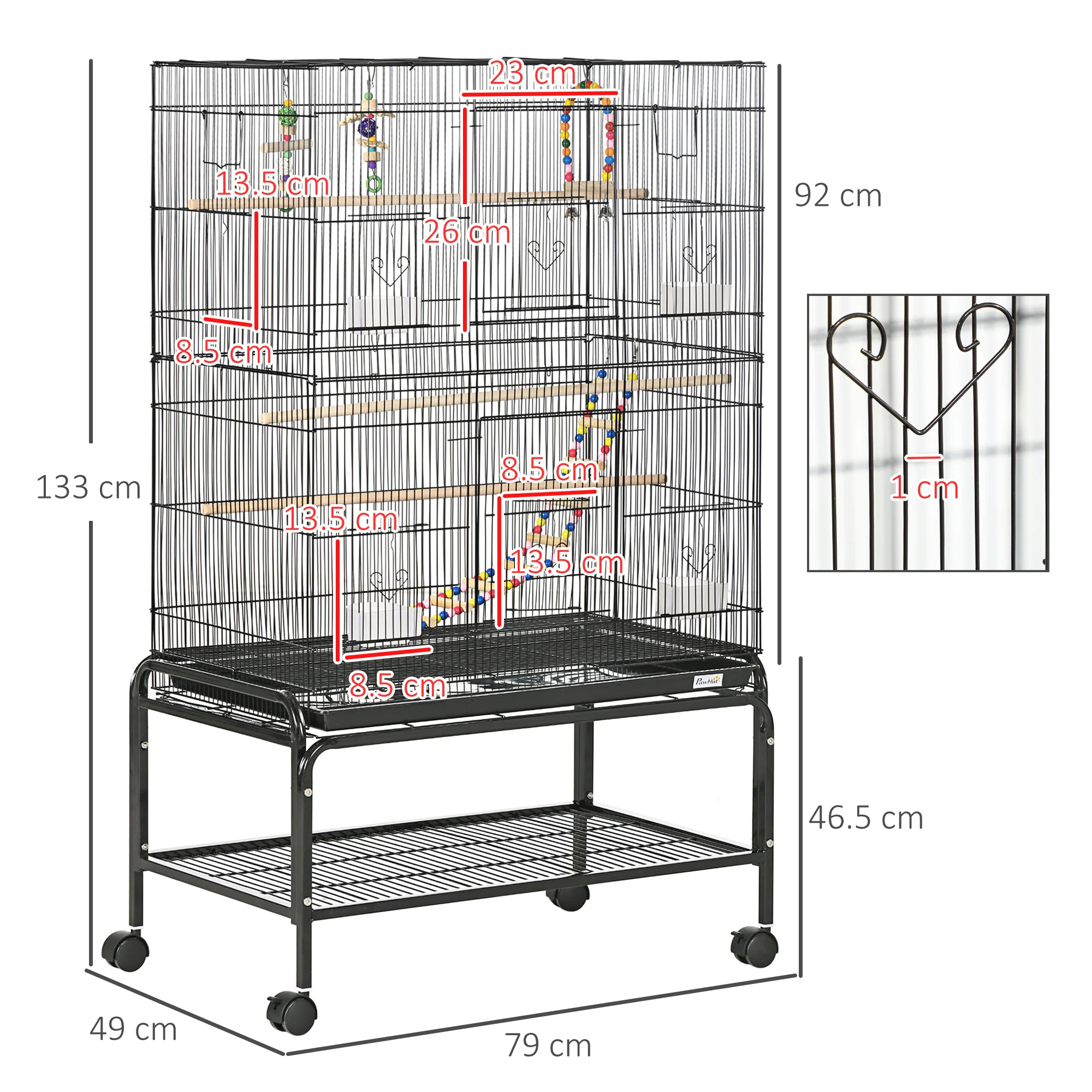 PawHut Bird Cage, with Stand, Wheels, Toys, for Budgies, Finches, Parakeets - Image 4